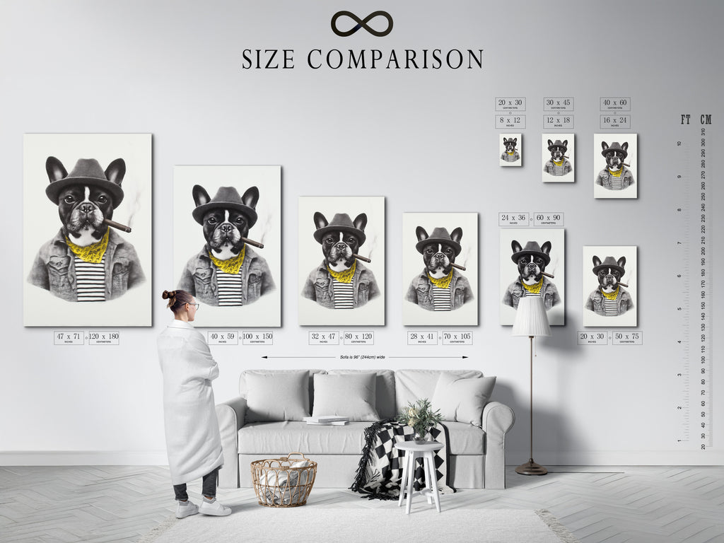 The size comparison chart displayed in an interior setting. See how the French Bulldog art print fits in various spaces. Choose the perfect size for your quirky wall art. This helps visualize how the vintage dog poster will enhance your decor.