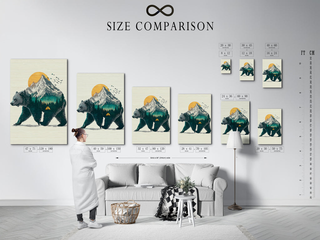 This is a size comparison chart in an interior setting. It helps you visualize different print sizes. Choose the perfect size for your space. Find the ideal artwork dimensions today