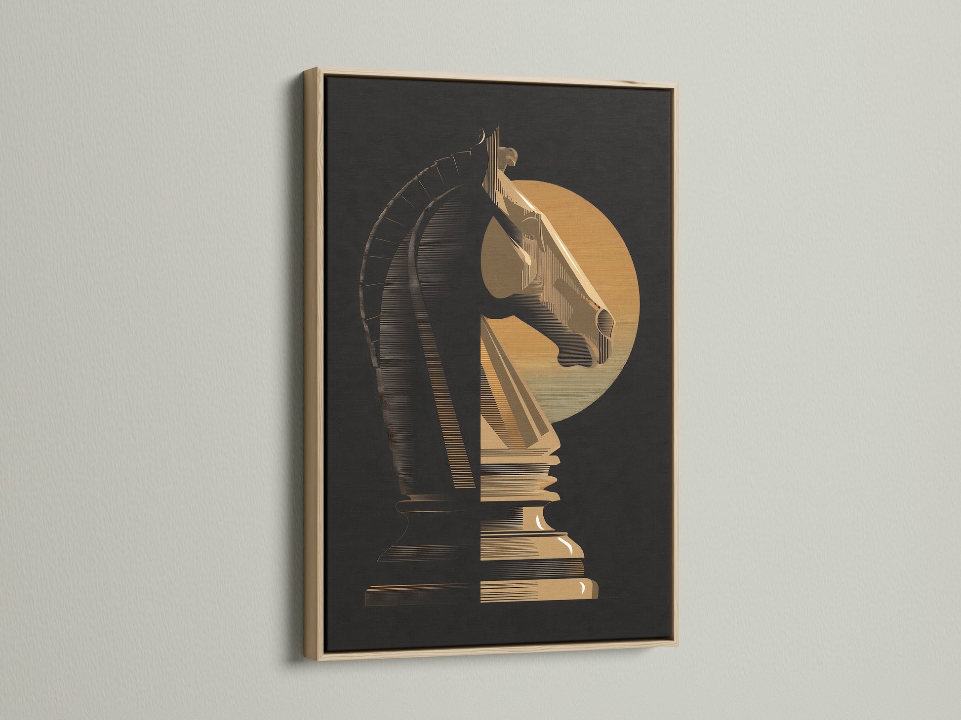 Artwork featuring a chess knight is displayed in an oak frame. The oak frame adds warmth to the artwork. It is a classic choice for various interior styles. The oak frame enhances the artwork's presentation in any room. Consider an oak frame for timeless elegance.