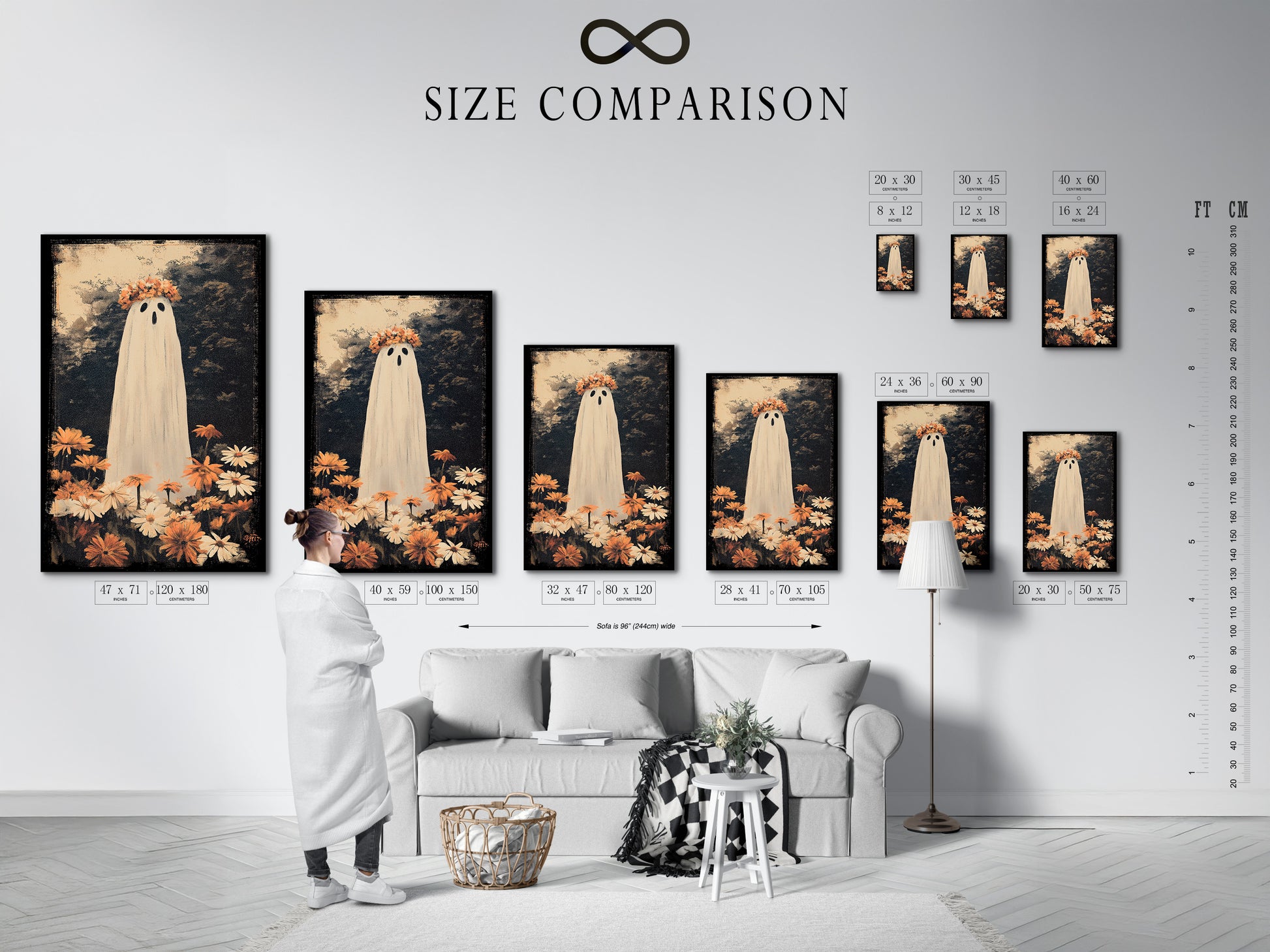 A size comparison chart is shown in a stylish interior setting. The chart helps you visualize different artwork sizes. It will assist you in selecting the perfect piece for your space. See how various sizes look on a wall. This ensures a perfect fit for your home. Use this guide to make an informed art purchase.