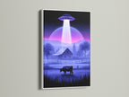 The UFO Abduction art is showcased in a white frame. The white frame enhances the cosmic print. It is ideal for creating a focal point in any room. This alien canvas art is perfect for sci-fi enthusiasts. It also brings a unique touch to farmhouse decor.