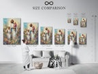 A size comparison chart is shown in an interior setting. The size comparison chart helps you choose the perfect dimensions. See how different sizes of art fit in various spaces. Plan your art installation with confidence. Visualize your art before you buy.