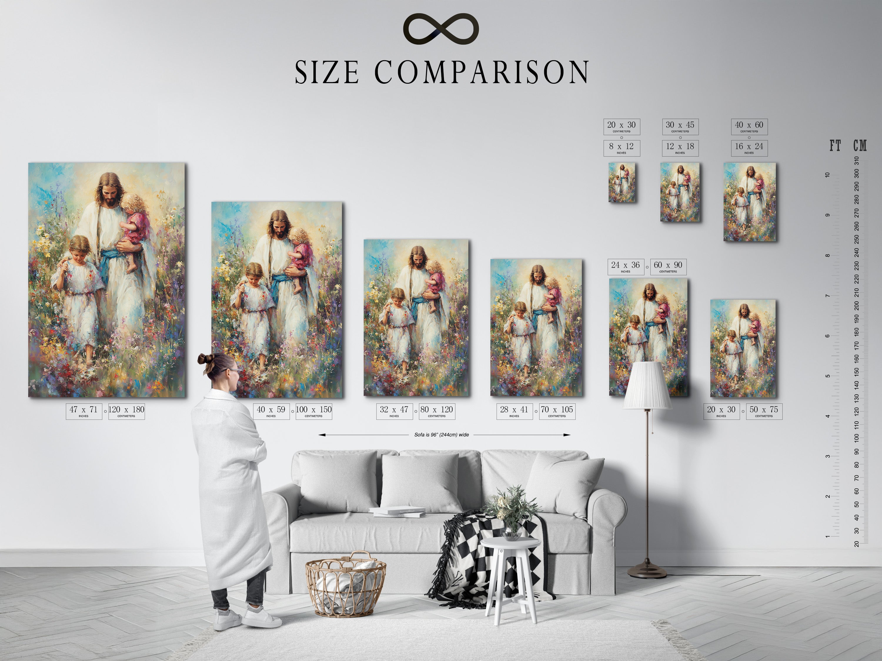 A size comparison chart is shown in an interior setting. The size comparison chart helps you choose the perfect dimensions. See how different sizes of art fit in various spaces. Plan your art installation with confidence. Visualize your art before you buy.