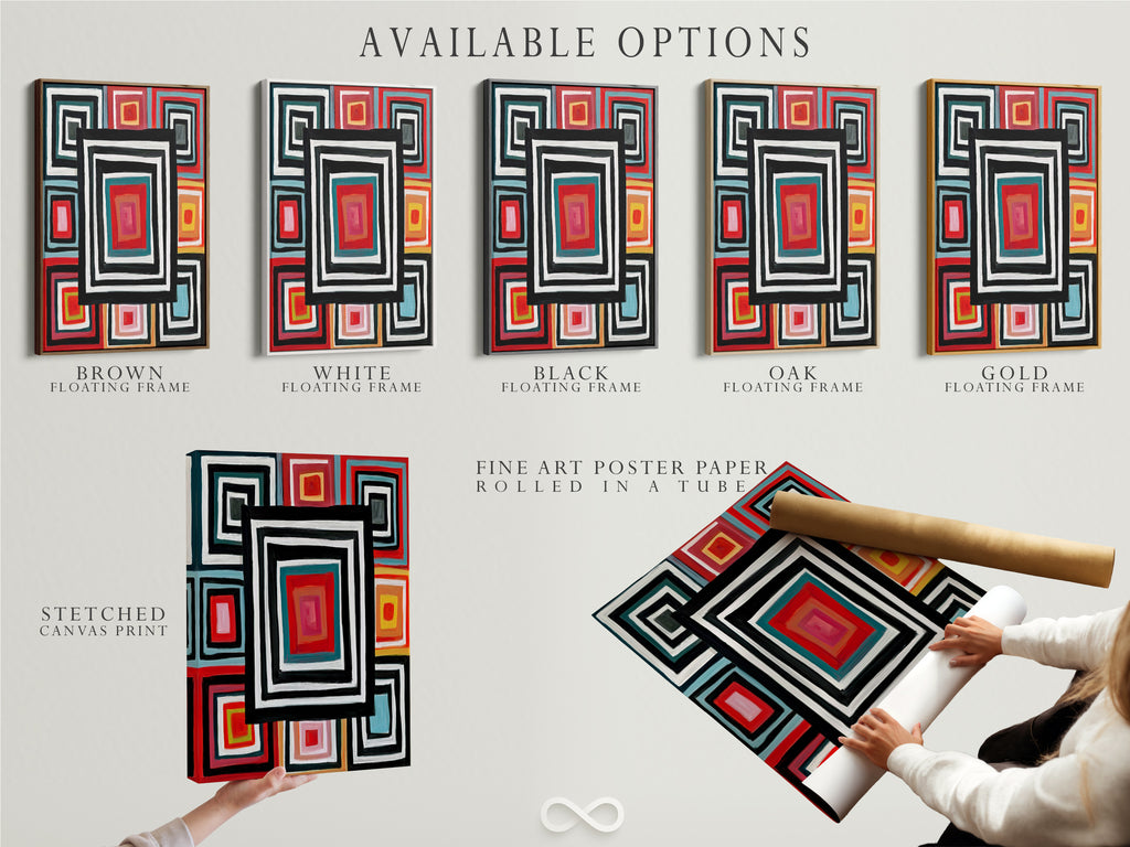 Available options for the Geometric Squares canvas print. Choose between a stretched canvas print fine art poster paper or a floating frame. This retro colorful wall artwork enhances your home decor. Perfect for adding a modern abstract touch.