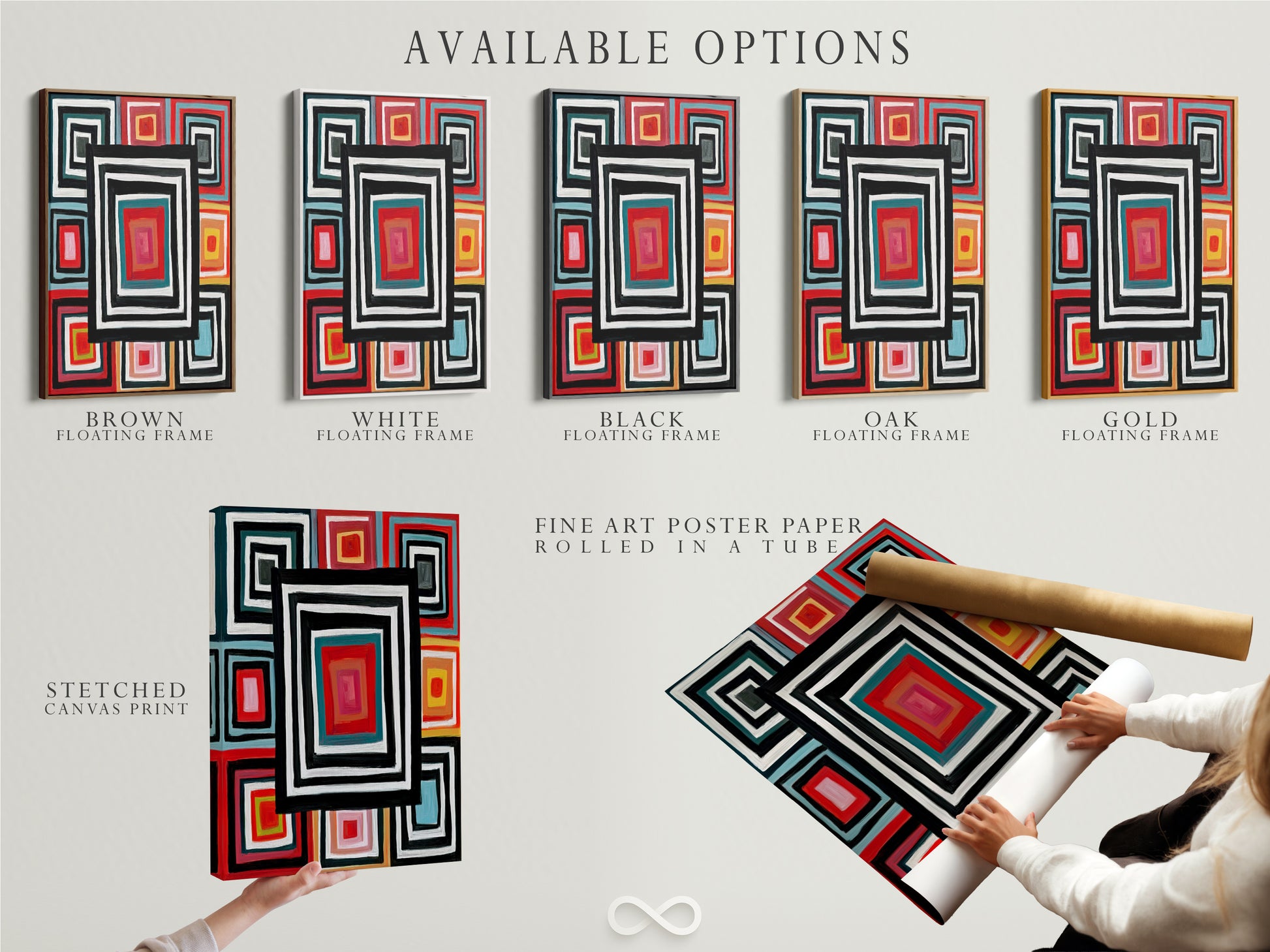 Available options for the Geometric Squares canvas print. Choose between a stretched canvas print fine art poster paper or a floating frame. This retro colorful wall artwork enhances your home decor. Perfect for adding a modern abstract touch.