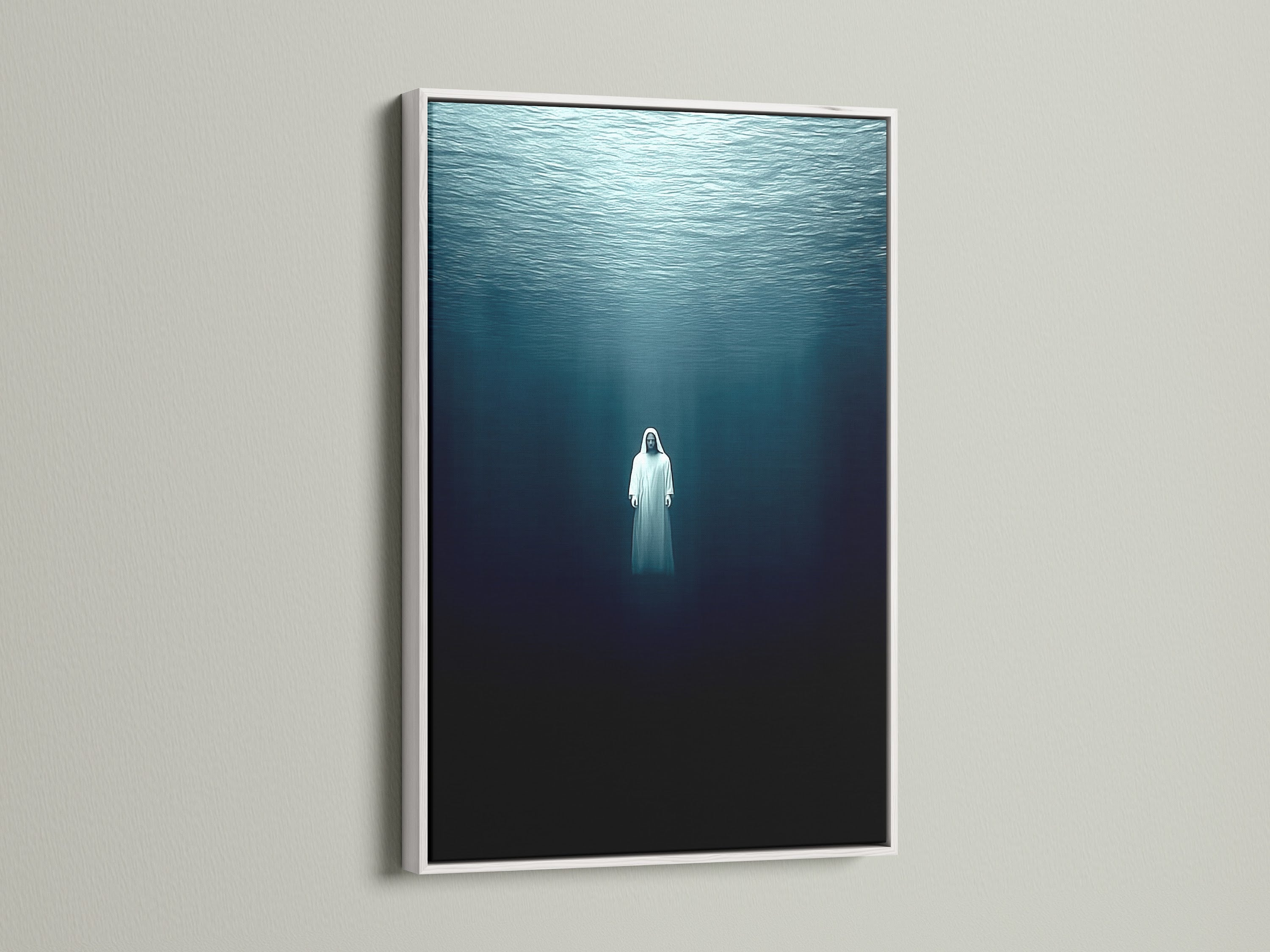 A white frame showcases the underwater figure artwork. The figure print adds a spiritual touch. This piece is perfect for minimalist Scandinavian or coastal styles. Transform your room with this calming art. This ocean-themed art provides a tranquil atmosphere.