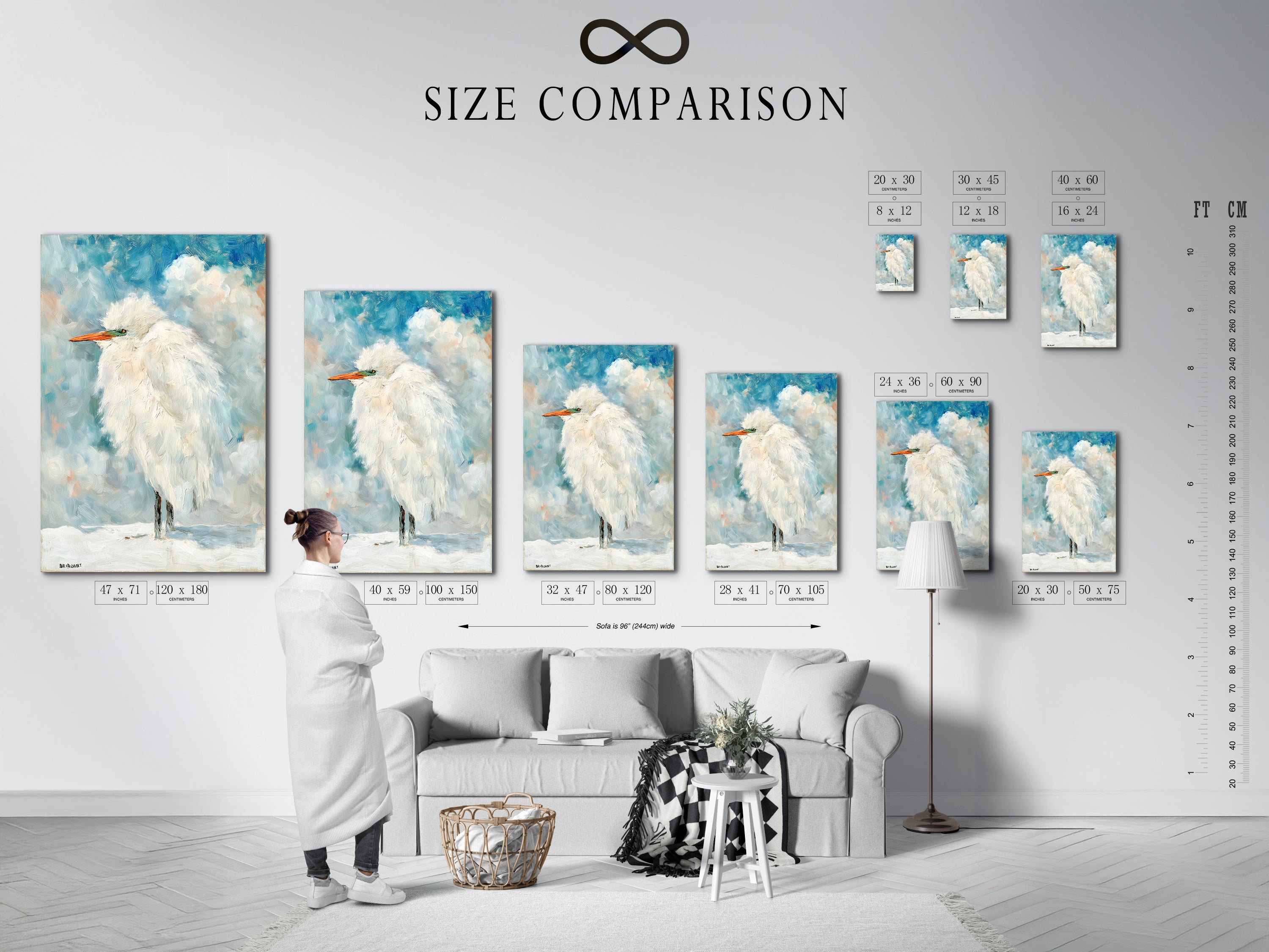 This is a size comparison chart in an interior setting. Visualize how the Heron artwork fits your space. Plan your coastal wall art arrangement. Find the perfect size today