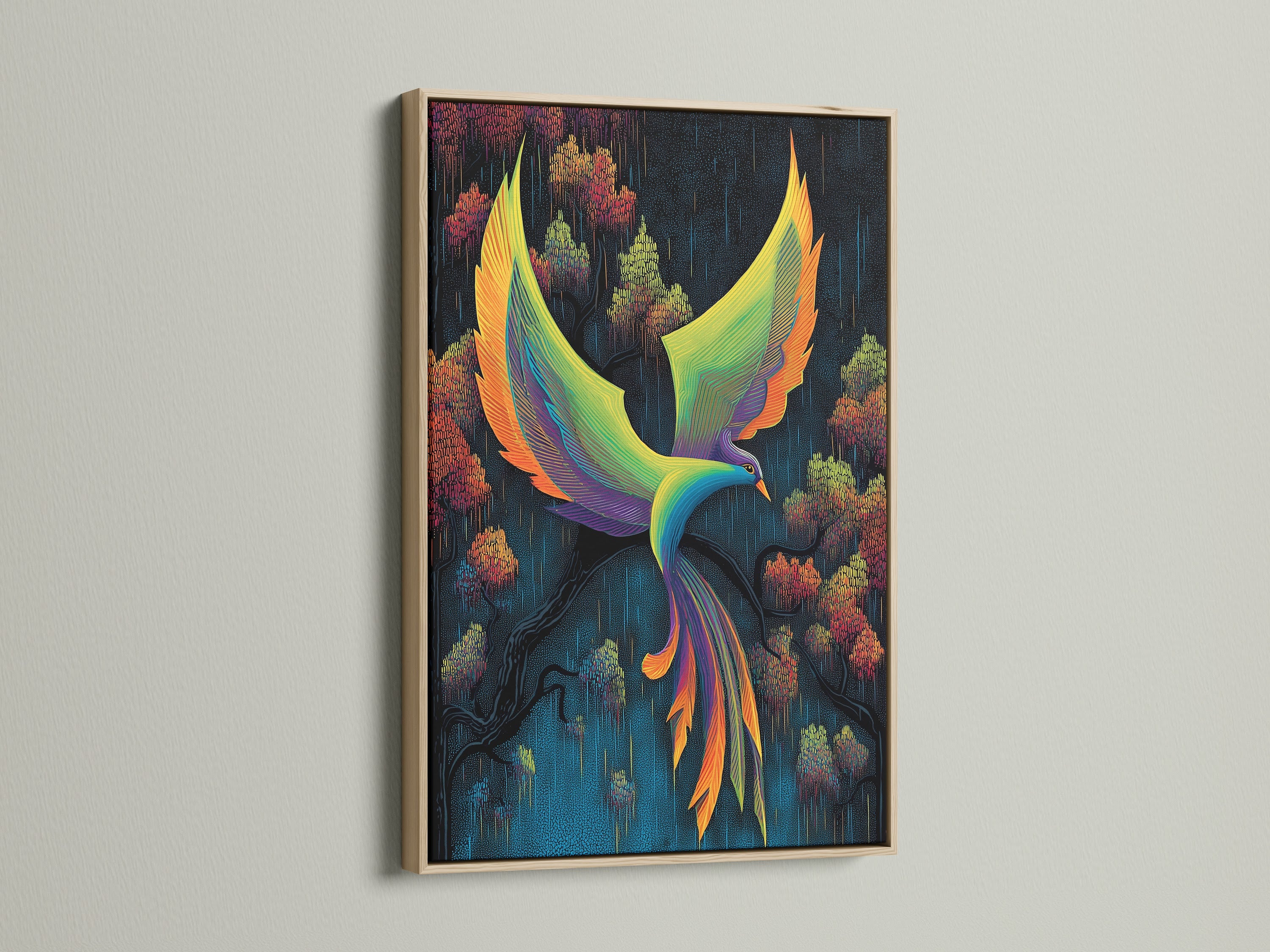 Phoenix Bird canvas print with an oak frame. This abstract piece uses teal wall art and orange decor. Perfect for adding a touch of fantasy to any room. The mythical bird artwork enhances bedroom art and living spaces.