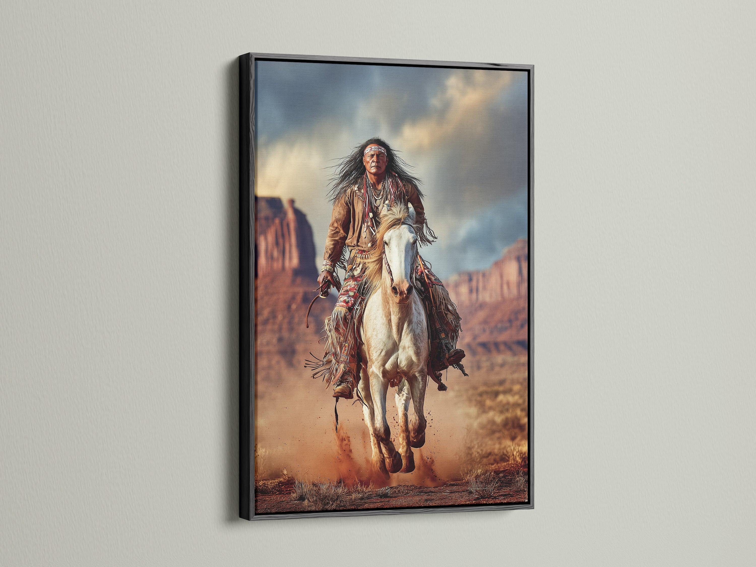 Native American Warrior Canvas Print - Western Horse Art, Southwestern Wall Decor for Office Man Cave