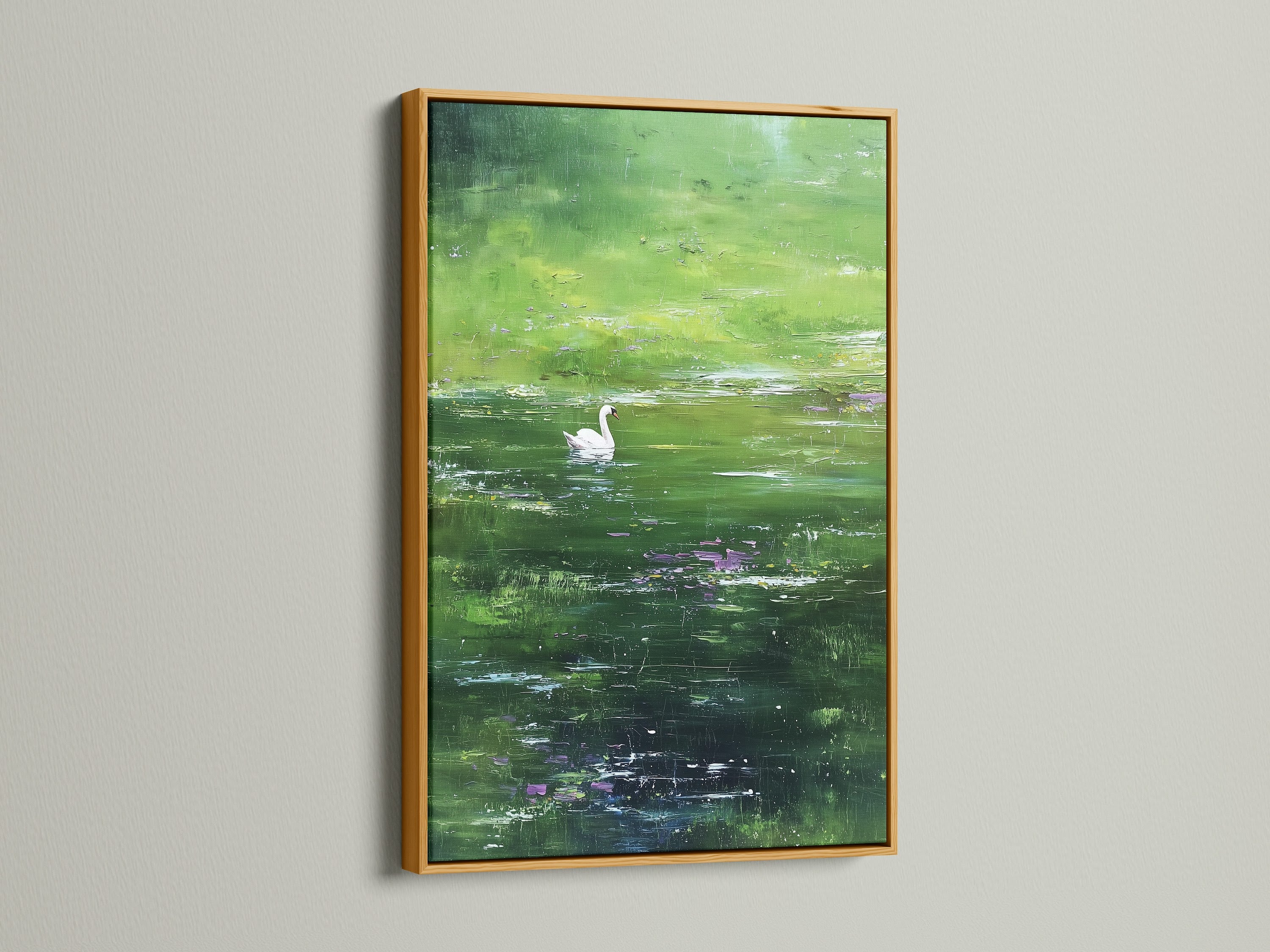 A gold frame enhances the beauty of the swan artwork. The painting portrays a swan gliding across a pond. The gold frame adds a touch of luxury and elegance. The artwork becomes a statement piece. It elevates the room's decor.