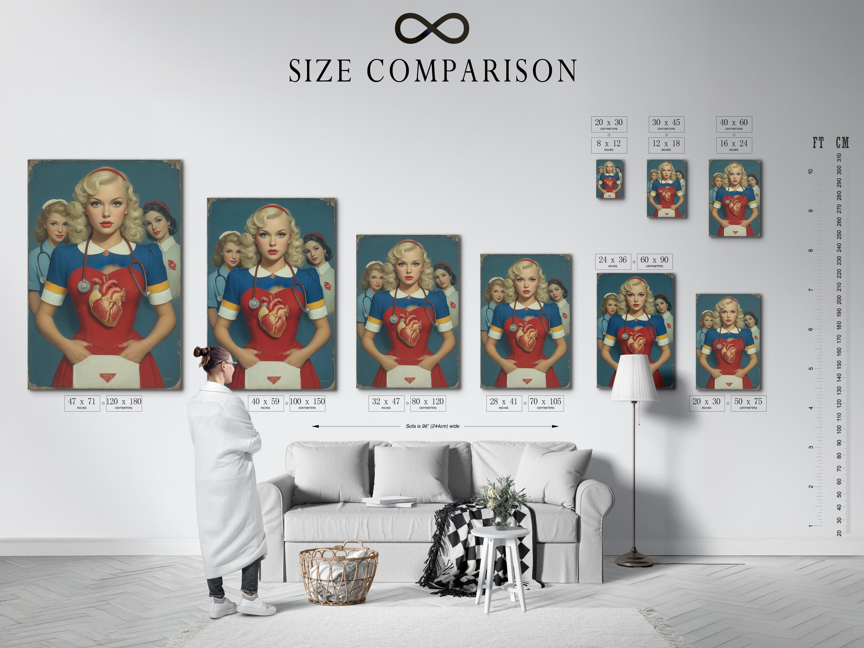 Size comparison chart in an interior setting. See how the vintage nurse artwork fits in various spaces. Visualize the impact of this retro medical art in your office or clinic. Find the perfect size.