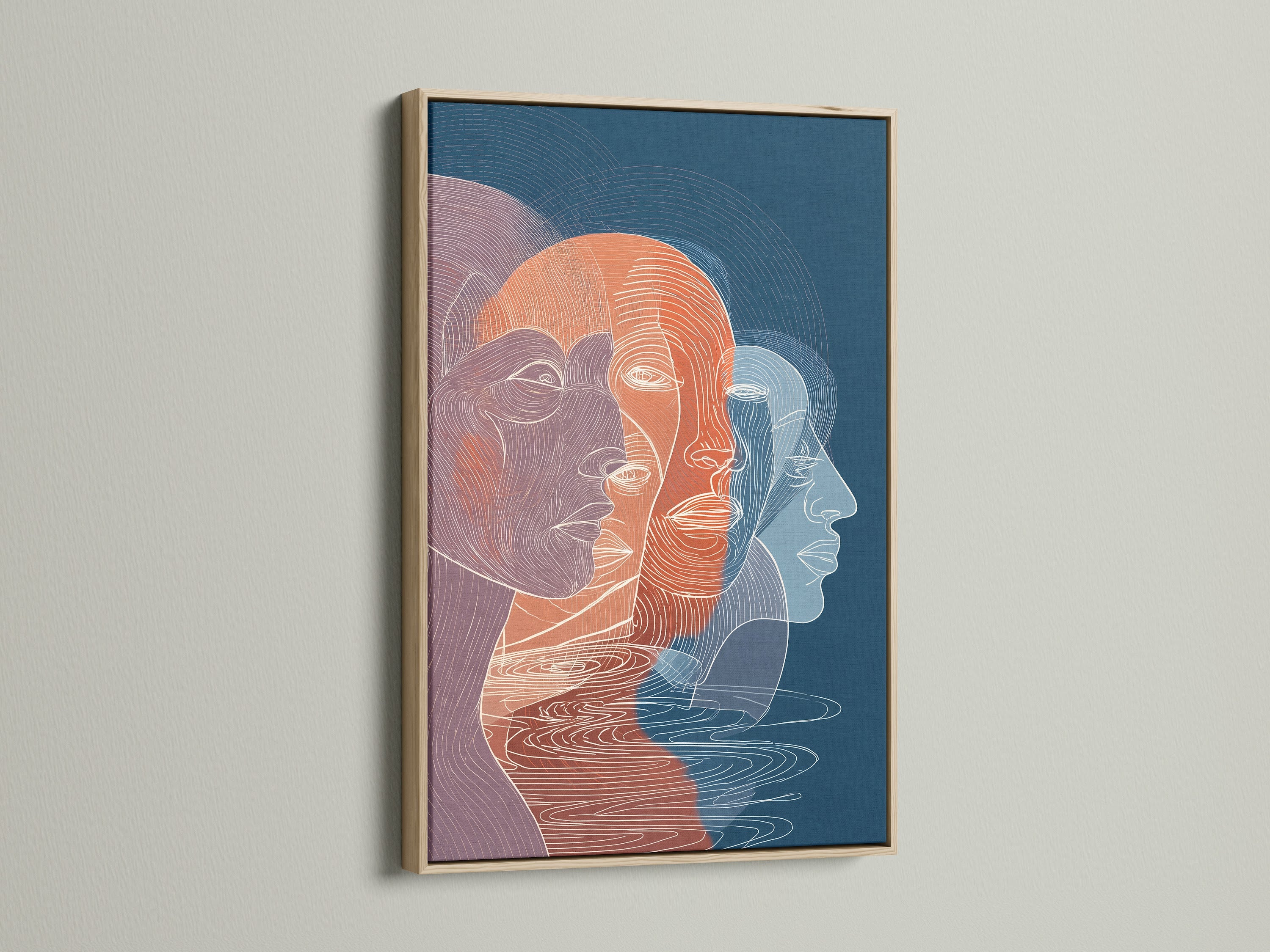 View of an oak frame art print. The oak frame adds warmth and character to the artwork. It enhances the overall aesthetic. This frame beautifully complements any interior setting.