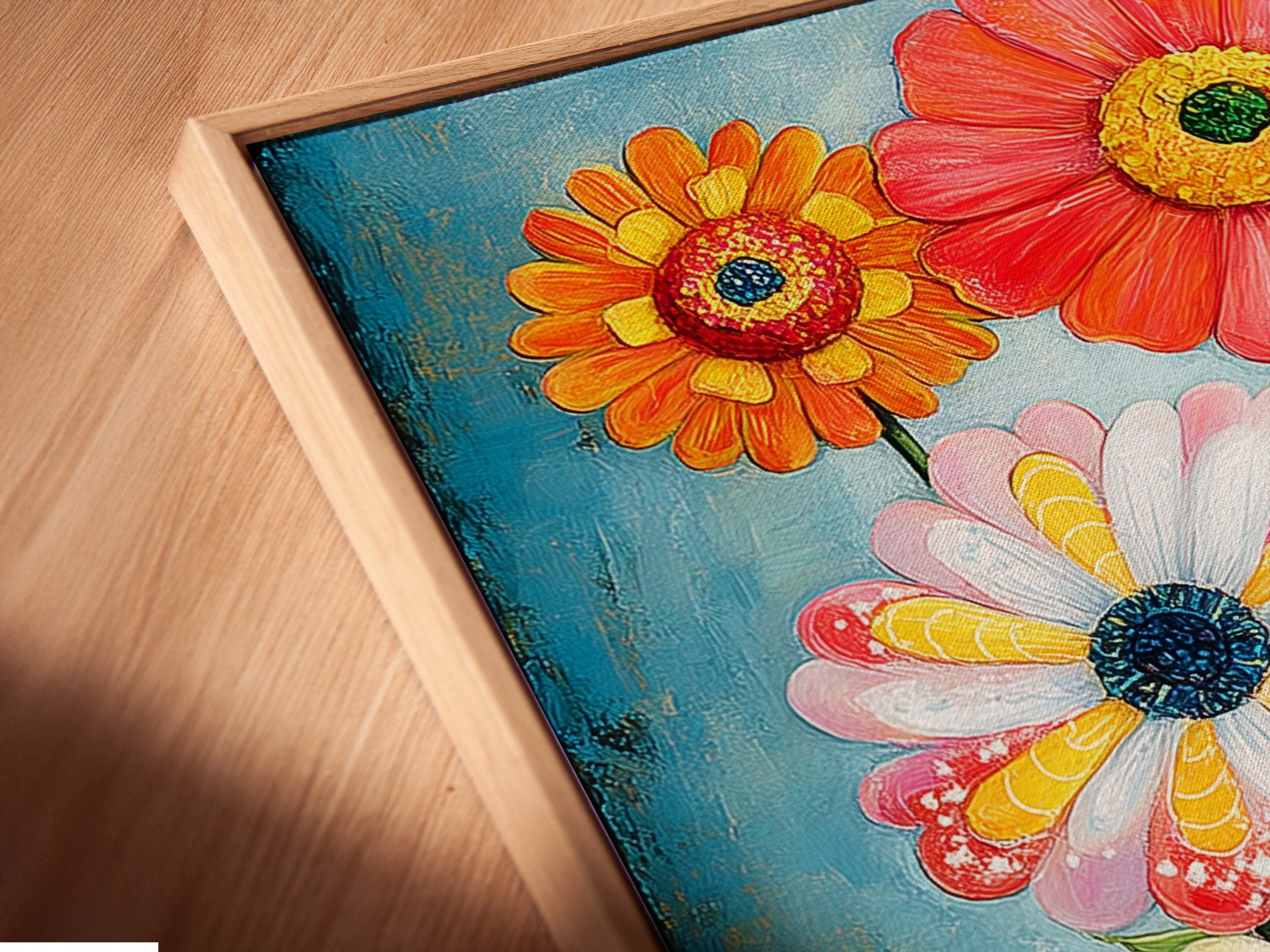 This close up showcases a canvas print in a floating frame. The colorful flower garden artwork is beautifully displayed. It is a modern botanical print perfect for any wall. The floating frame adds a contemporary touch. It enhances living rooms and boutiques.