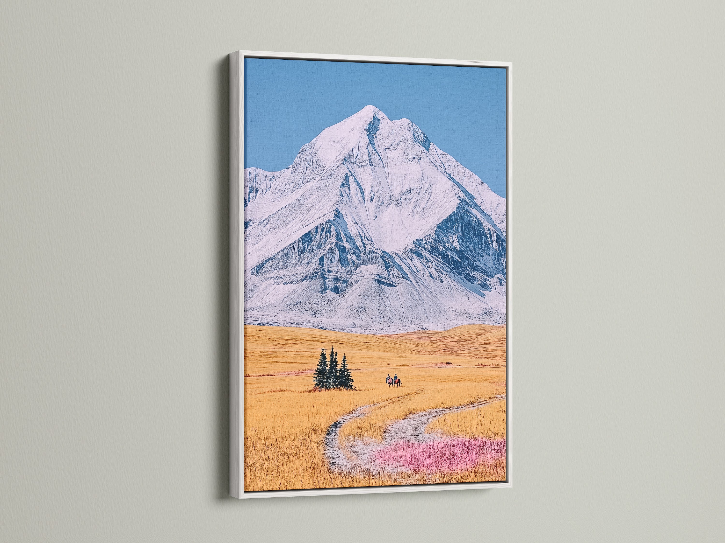 A mountain peak artwork is presented in a white frame. This rustic wall decor enhances your space. The snowy ridge landscape is a striking feature. It provides a clean and modern look. This artwork is perfect for farmhouse or country-style homes. Ideal for adding a touch of nature to any room.