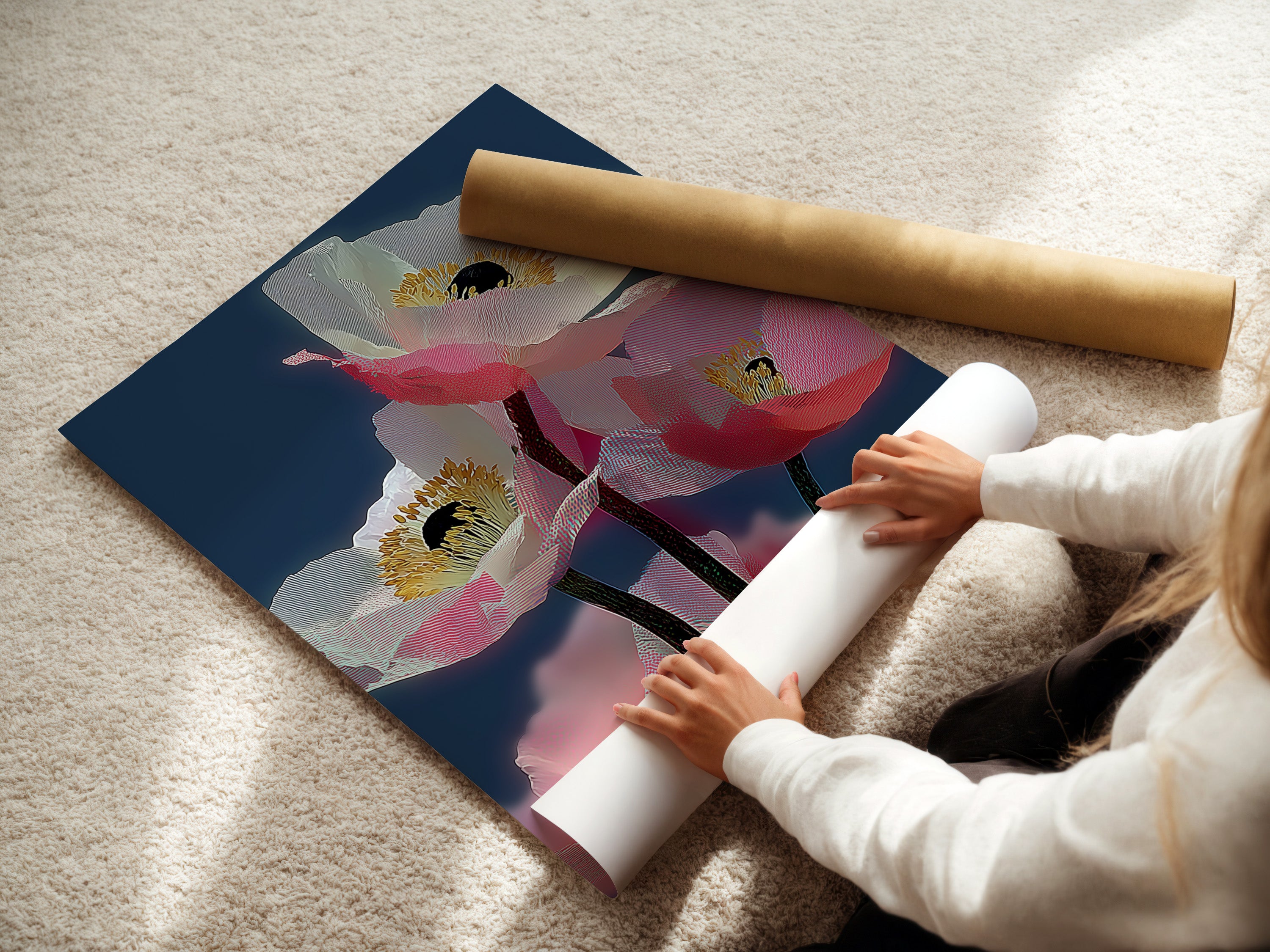 A woman is rolling fine art poster paper. The paper is used for creating pink poppy art. This modern botanical art will become a contemporary wall art piece. The fine art poster paper ensures high quality prints. It is perfect for floral wall decor.