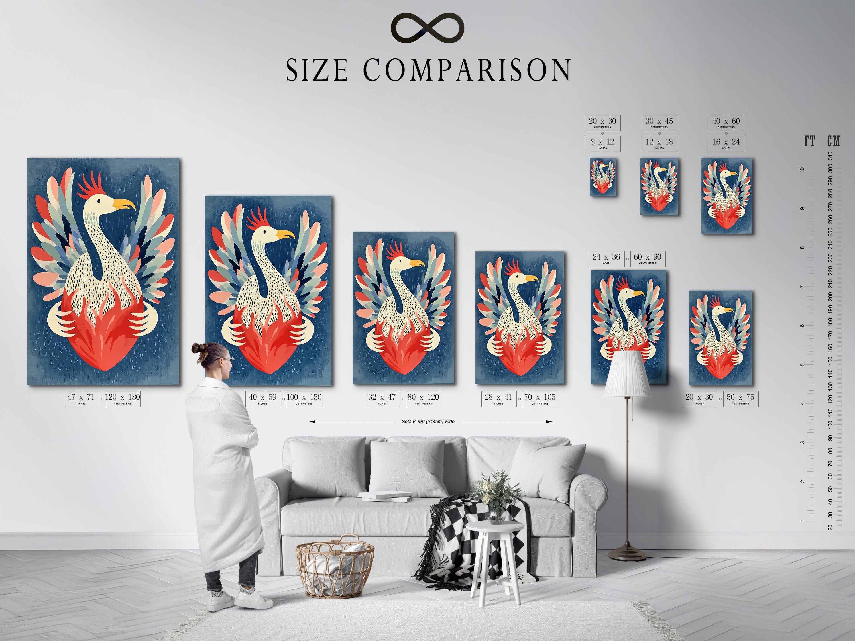 Size comparison chart in an interior setting. See how our art fits in your space. Choose the perfect size for your Phoenix Bird art. Available in various sizes to suit your needs.