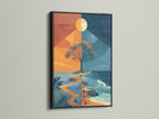 This striking surreal tree art is framed in black. The orange and blue abstract landscape makes a bold statement. It's printed on canvas for a modern look. This piece enhances any office wall or home decor with its unique style.