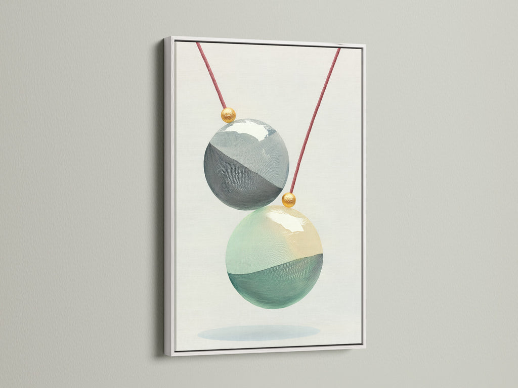 Geometric Spheres artwork with a white frame. This minimalist art adds a modern touch to any room. The abstract canvas features a teal and gold sphere print. A great choice for scandi decor. Enhance your space with this wall art print today.