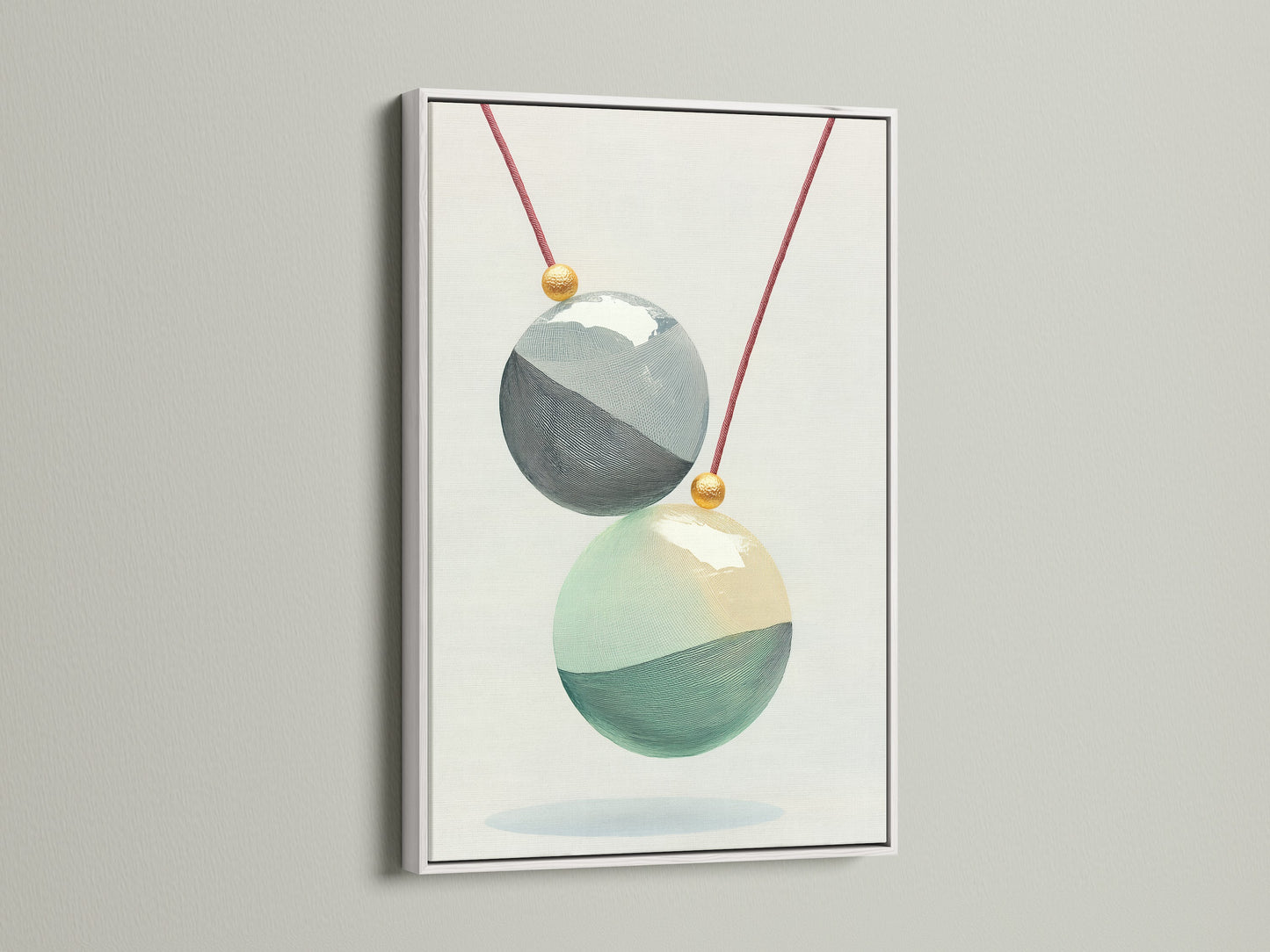 Geometric Spheres artwork with a white frame. This minimalist art adds a modern touch to any room. The abstract canvas features a teal and gold sphere print. A great choice for scandi decor. Enhance your space with this wall art print today.