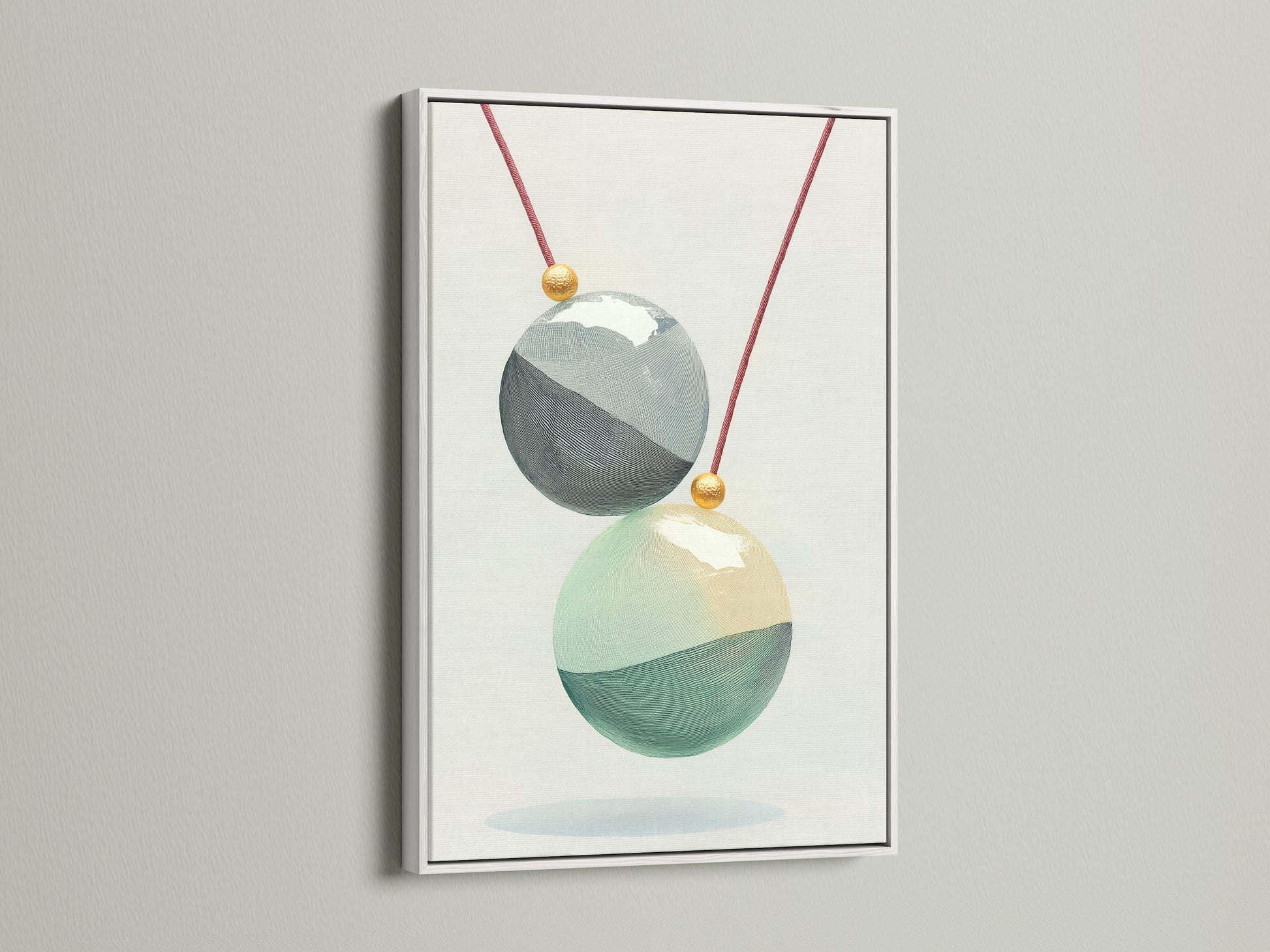 Geometric Spheres artwork with a white frame. This minimalist art adds a modern touch to any room. The abstract canvas features a teal and gold sphere print. A great choice for scandi decor. Enhance your space with this wall art print today.