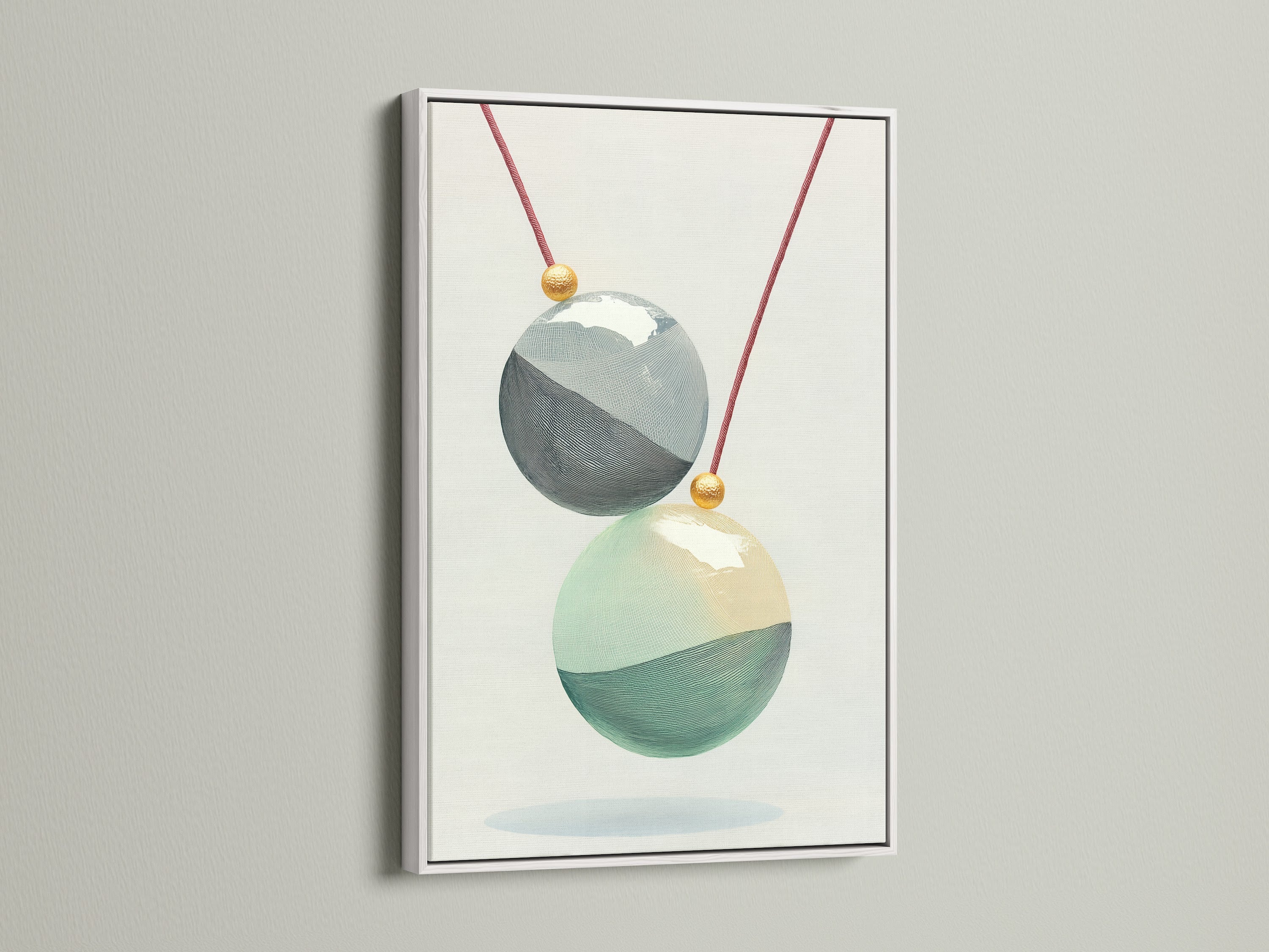 Geometric Spheres artwork with a white frame. This minimalist art adds a modern touch to any room. The abstract canvas features a teal and gold sphere print. A great choice for scandi decor. Enhance your space with this wall art print today.
