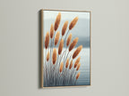 This image displays pampas grass artwork in an oak frame. The botanical print enhances neutral wall decor. Its beige tones and minimalist style create a serene atmosphere. Ideal for living rooms bedrooms and home offices.