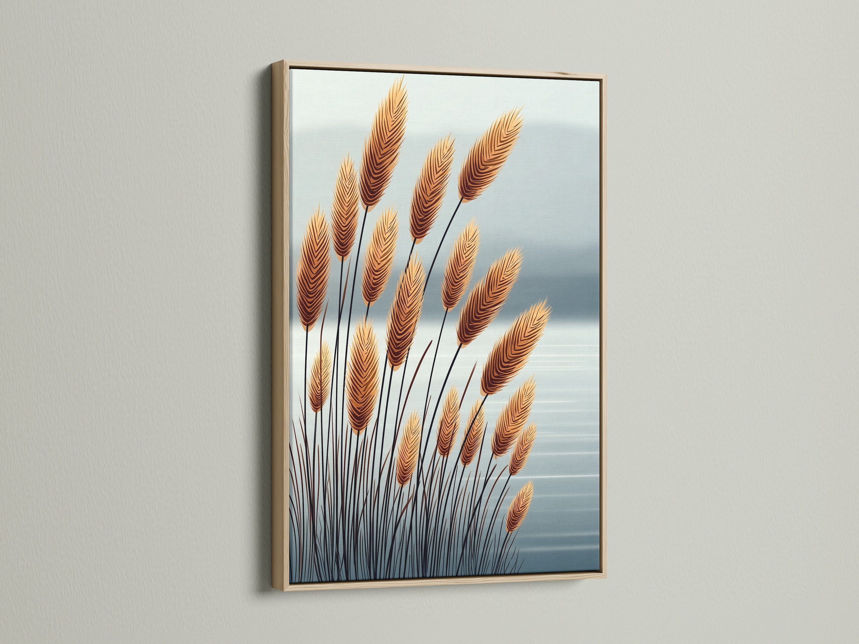 This image displays pampas grass artwork in an oak frame. The botanical print enhances neutral wall decor. Its beige tones and minimalist style create a serene atmosphere. Ideal for living rooms bedrooms and home offices.