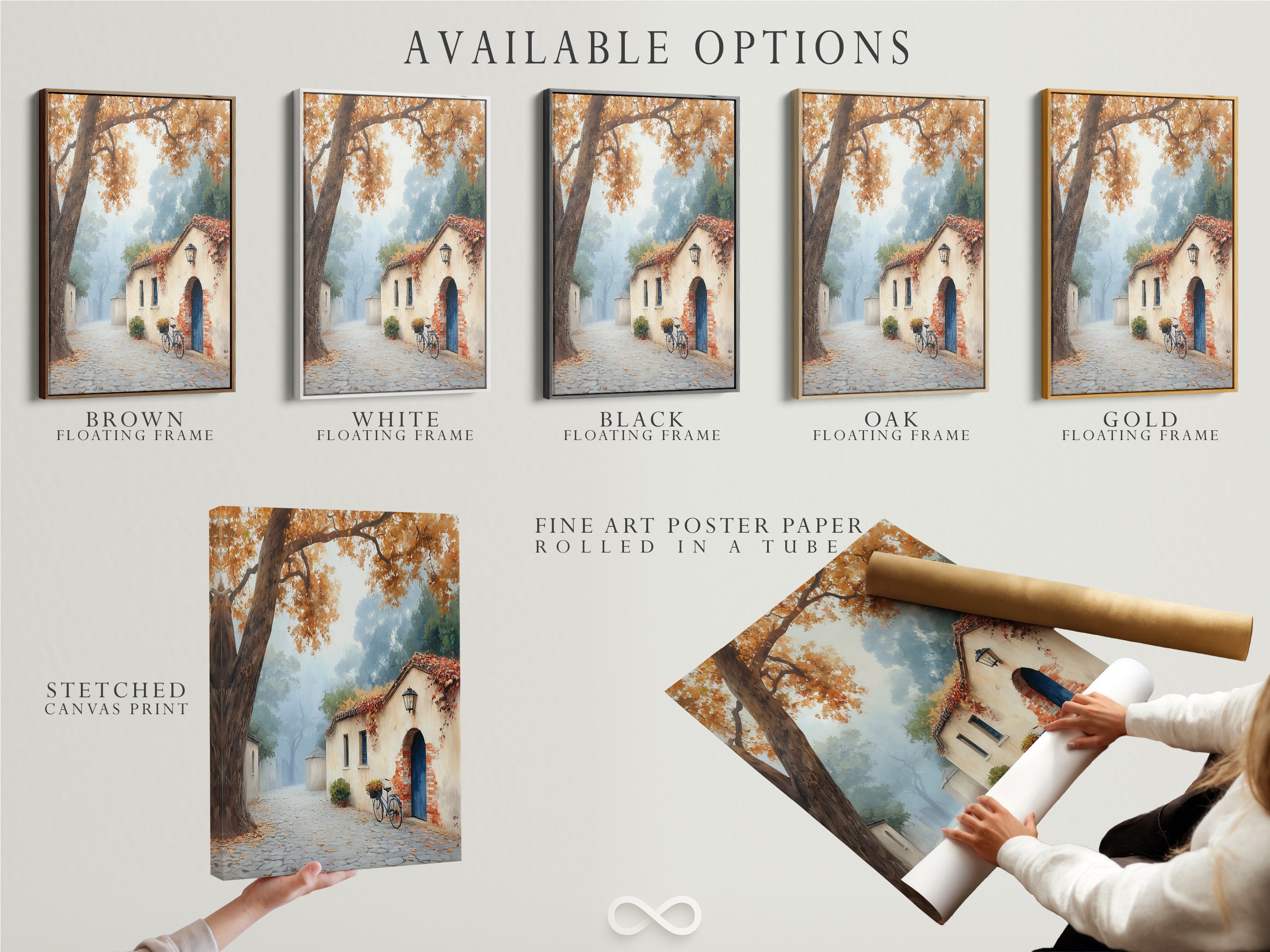 This artwork shows available options for the Italian Village Canvas Print. Choose from a stretched canvas print fine art poster paper or a floating frame. All options showcase this beautiful Tuscan Wall Art.