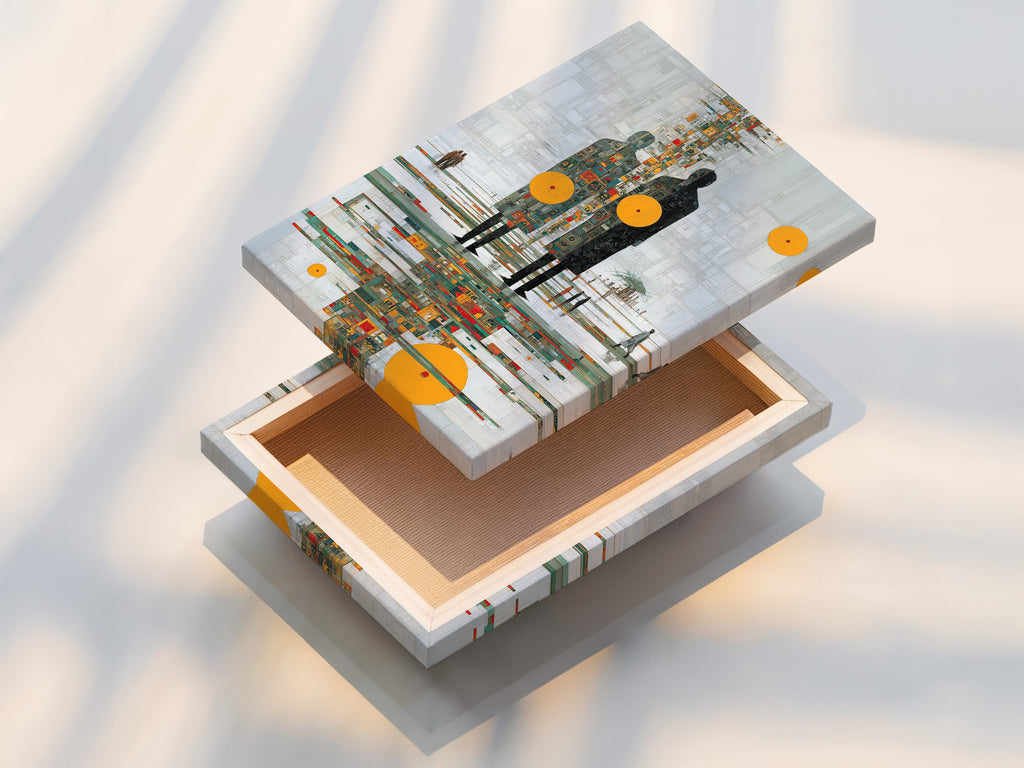 Stretched canvas print of abstract human figures artwork. The orange circle adds a pop of color. Perfect for contemporary art lovers. Enhance your living room art or office decor with this modern canvas art. The stretched canvas ensures a gallery-quality look.