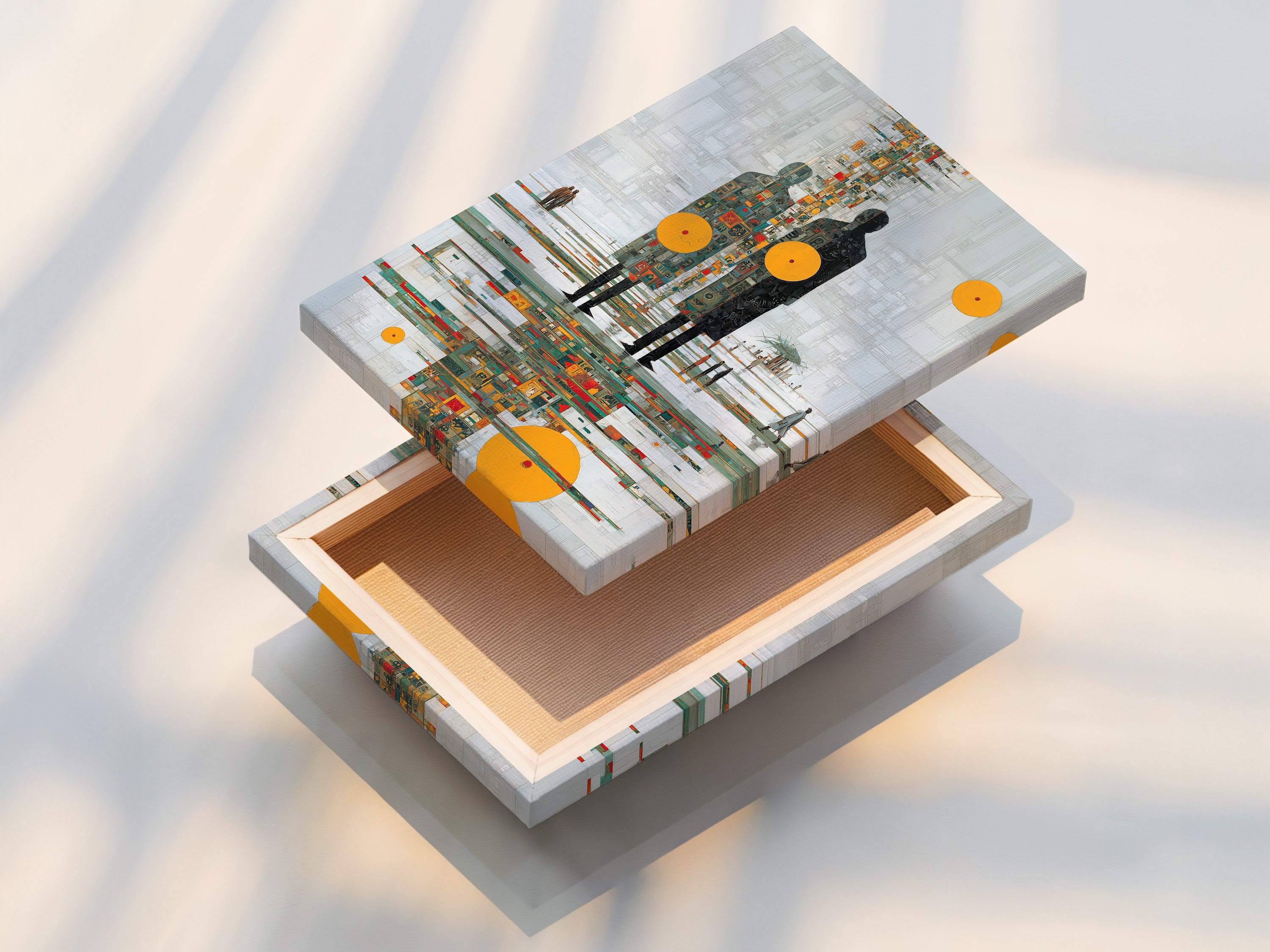 Stretched canvas print of abstract human figures artwork. The orange circle adds a pop of color. Perfect for contemporary art lovers. Enhance your living room art or office decor with this modern canvas art. The stretched canvas ensures a gallery-quality look.