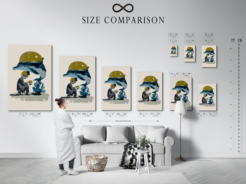 Size comparison chart for the artwork in an interior setting. Visualize how the artwork fits in your space. The artwork features a diver and a whale. See the impact of this contemporary marine life art. Choose the perfect size for your decor.