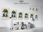 Size comparison chart for the artwork in an interior setting. Visualize how the artwork fits in your space. The artwork features a diver and a whale. See the impact of this contemporary marine life art. Choose the perfect size for your decor.