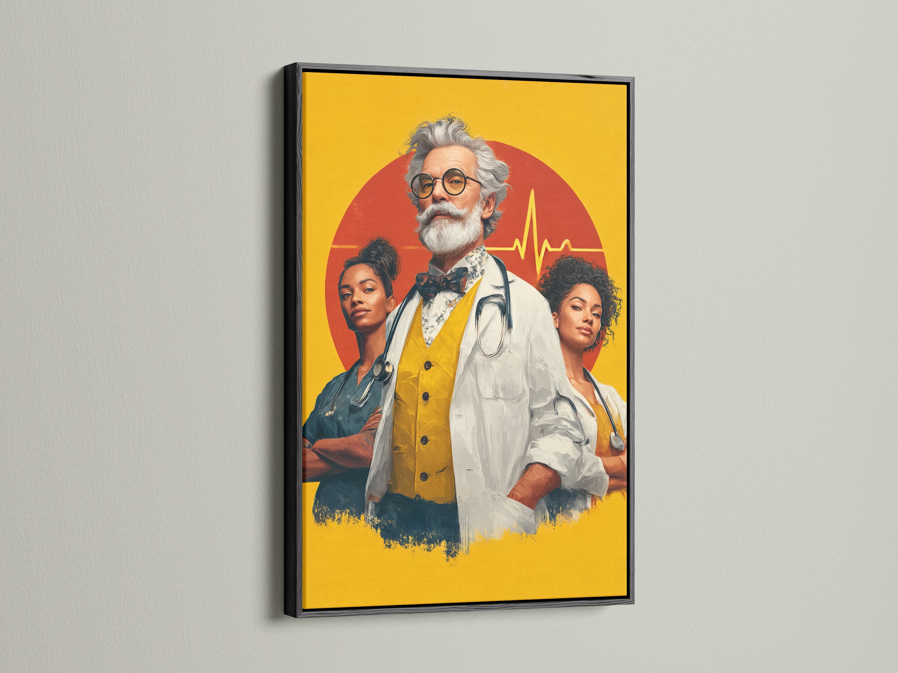 This image shows medical team artwork in a sleek black frame. The artwork features a doctor and nurses with a yellow and red design. Ideal for medical clinic art and doctor wall art. The black frame adds a modern touch to this healthcare heroes piece.