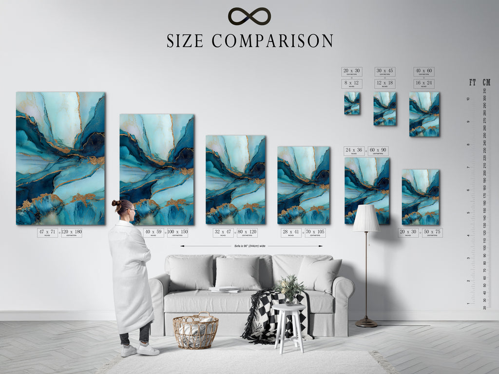 A size comparison chart is displayed in an interior setting. The chart helps visualize different artwork sizes. Perfect for planning your wall decor arrangement. This guide ensures you choose the right size for your space. The chart showcases various options for canvas prints and posters.