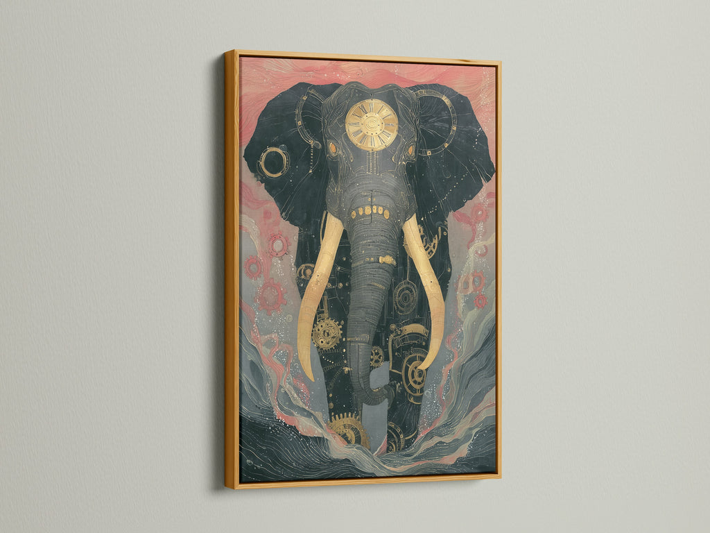 Steampunk Elephant artwork framed in a gold frame. This mechanical animal art is eye-catching. Elevate spaces with industrial home decor. This vintage wall art enhances studios and boardrooms.