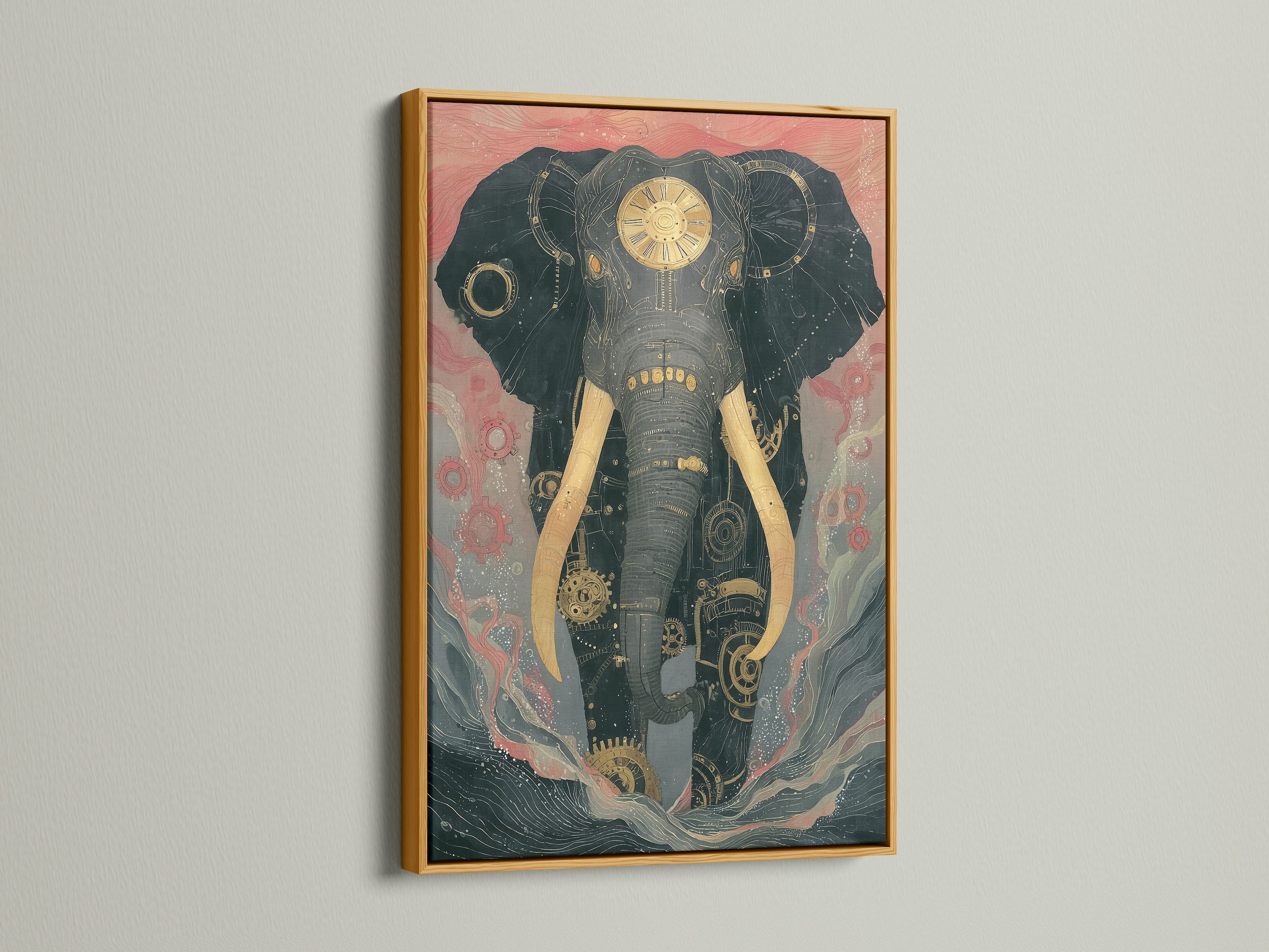 Steampunk Elephant artwork framed in a gold frame. This mechanical animal art is eye-catching. Elevate spaces with industrial home decor. This vintage wall art enhances studios and boardrooms.
