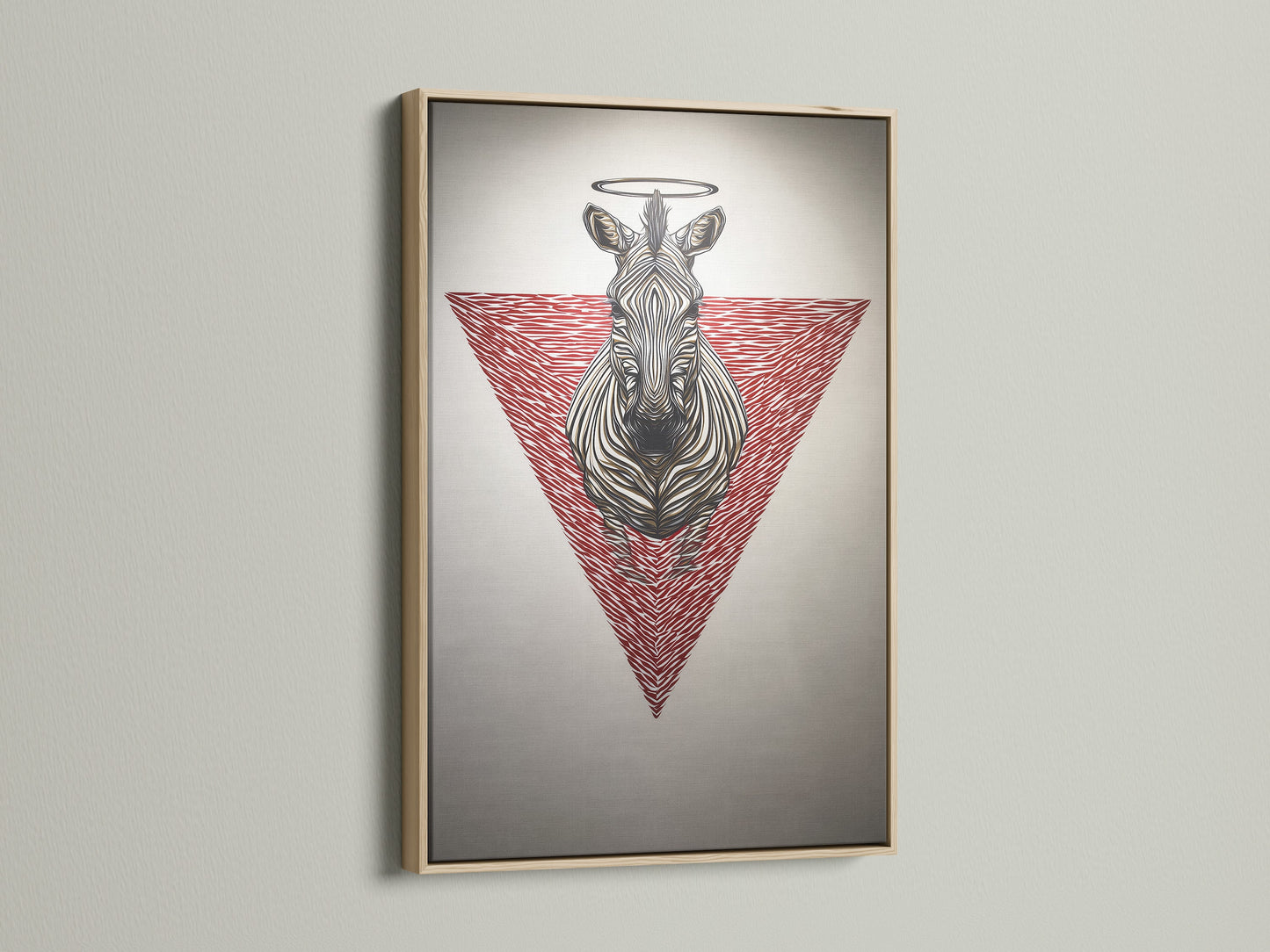 Discover zebra sacred geometry art in an oak frame. This modern animal art features a red geometric design. The canvas print enhances any room. Ideal for living rooms bedrooms and offices. Contemporary wildlife artwork at its finest.