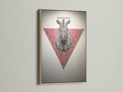 Discover zebra sacred geometry art in an oak frame. This modern animal art features a red geometric design. The canvas print enhances any room. Ideal for living rooms bedrooms and offices. Contemporary wildlife artwork at its finest.