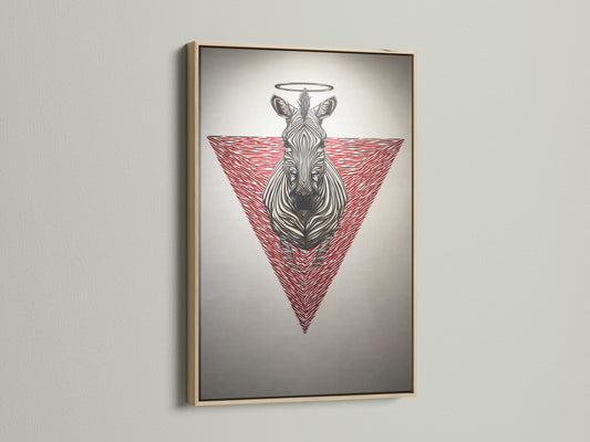 Discover zebra sacred geometry art in an oak frame. This modern animal art features a red geometric design. The canvas print enhances any room. Ideal for living rooms bedrooms and offices. Contemporary wildlife artwork at its finest.
