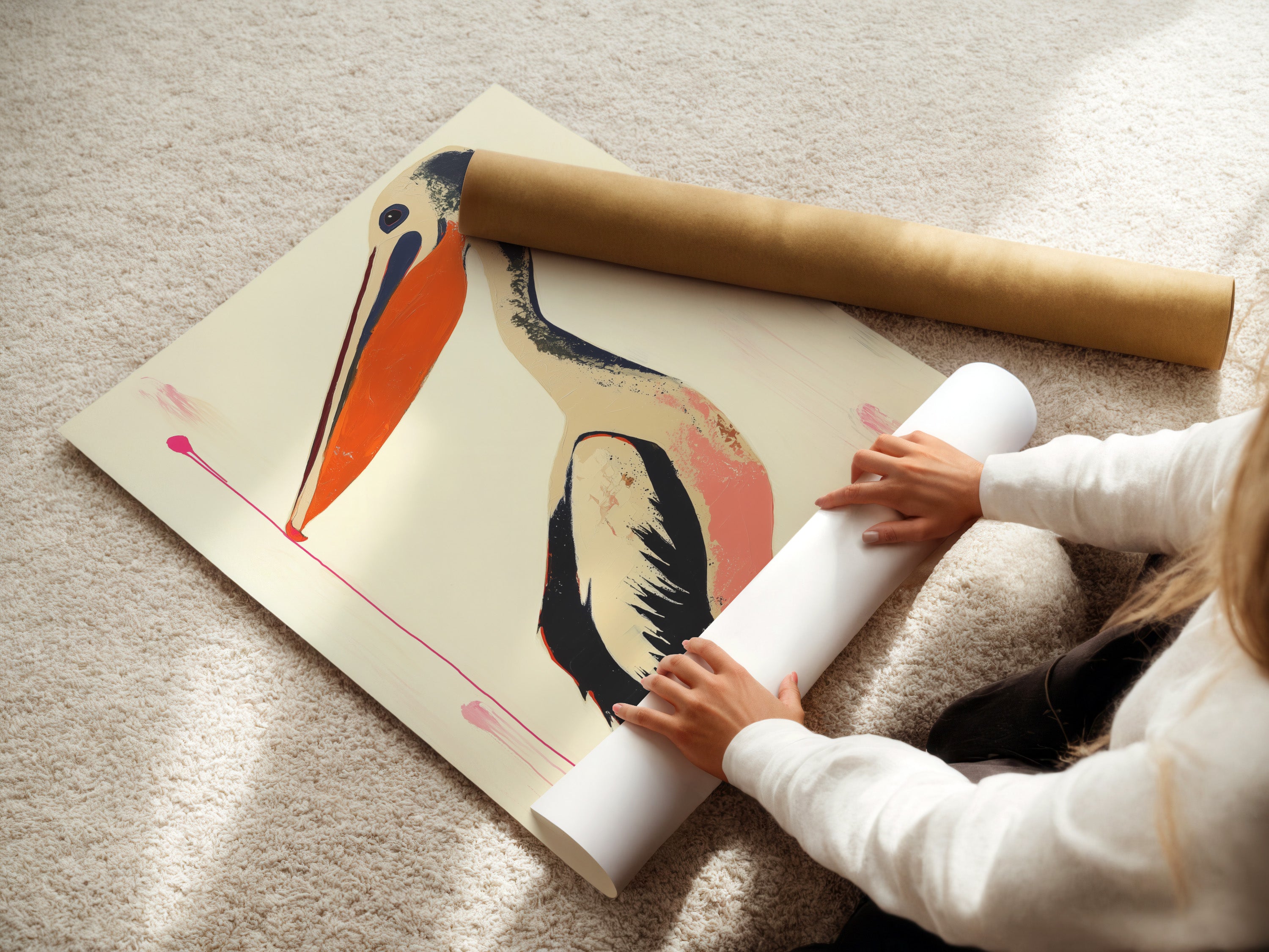 A woman is carefully rolling a fine art poster paper. The poster paper ensures high-quality prints. Perfect for detailed artwork. Explore our range of fine art prints. Enjoy museum-quality prints at home. Get yours now.