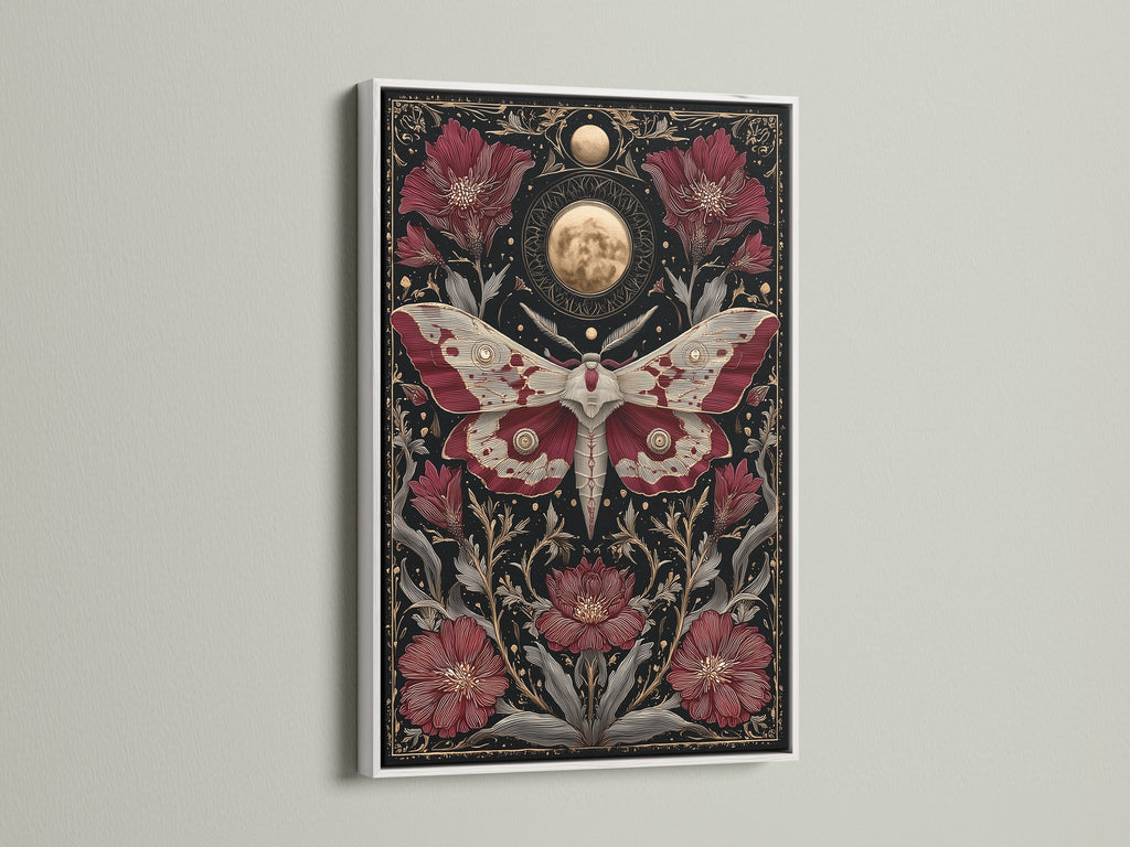 The celestial moth art print is elegantly framed in white. Gothic botanical artwork is highlighted. The moon phases on the canvas create a unique look. This piece is great for bedroom decor.