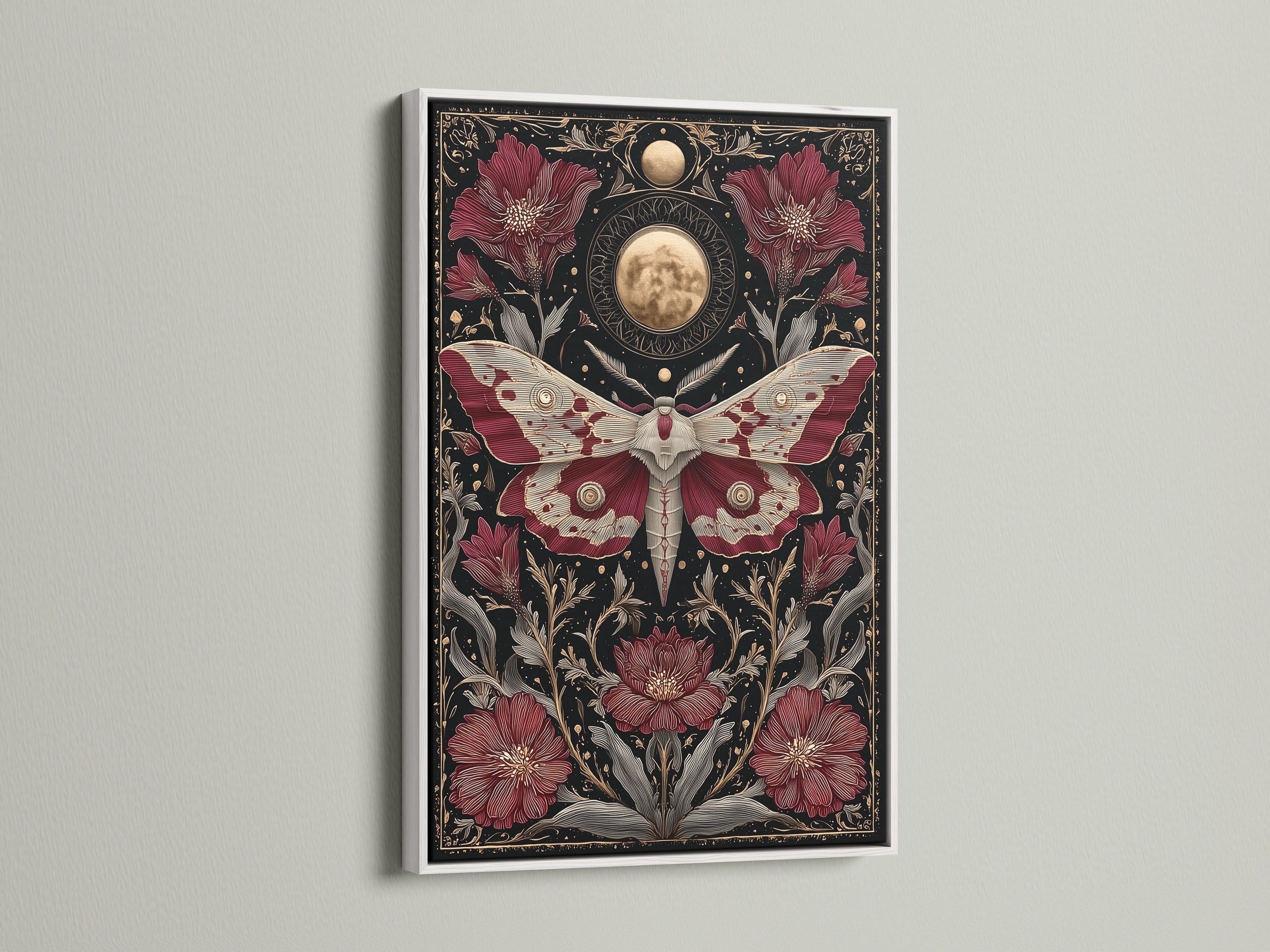 The celestial moth art print is elegantly framed in white. Gothic botanical artwork is highlighted. The moon phases on the canvas create a unique look. This piece is great for bedroom decor.