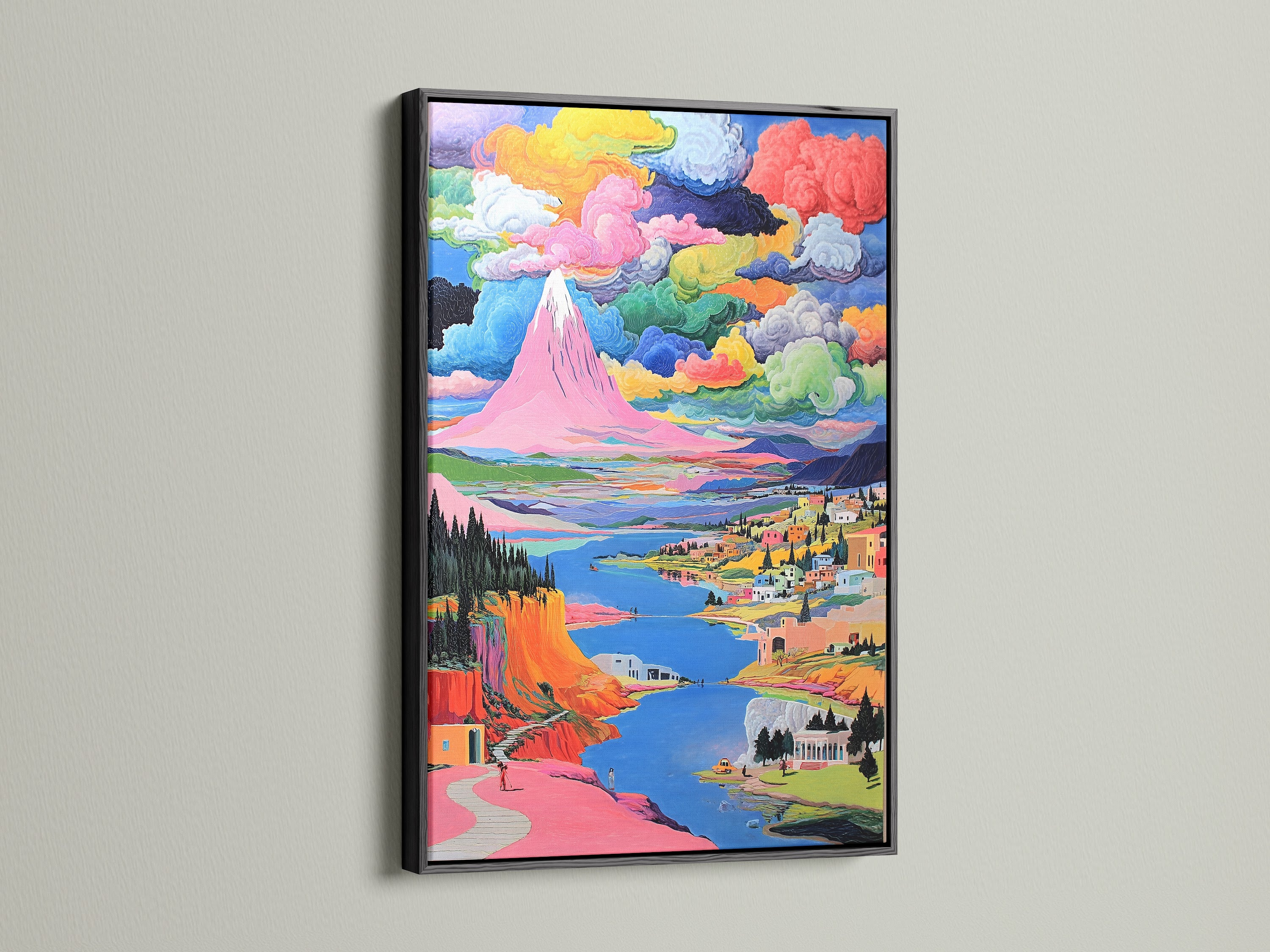A stunning mountain canvas print is displayed in a black frame. The colorful landscape artwork enhances any wall. The pink and teal nature artwork offers a whimsical touch. This piece is a great addition to modern home decor.
