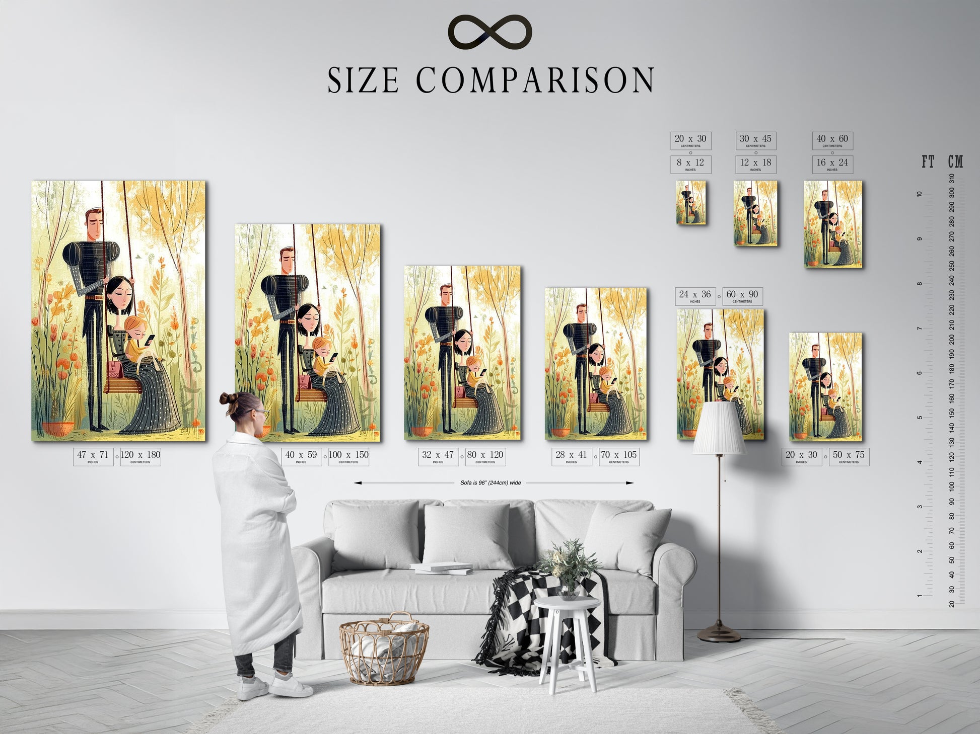 A size comparison chart in a stylish interior setting. See how different sizes of artwork fit your space. This chart helps you visualize the perfect piece for your home. Find the ideal size for your modern wall art.