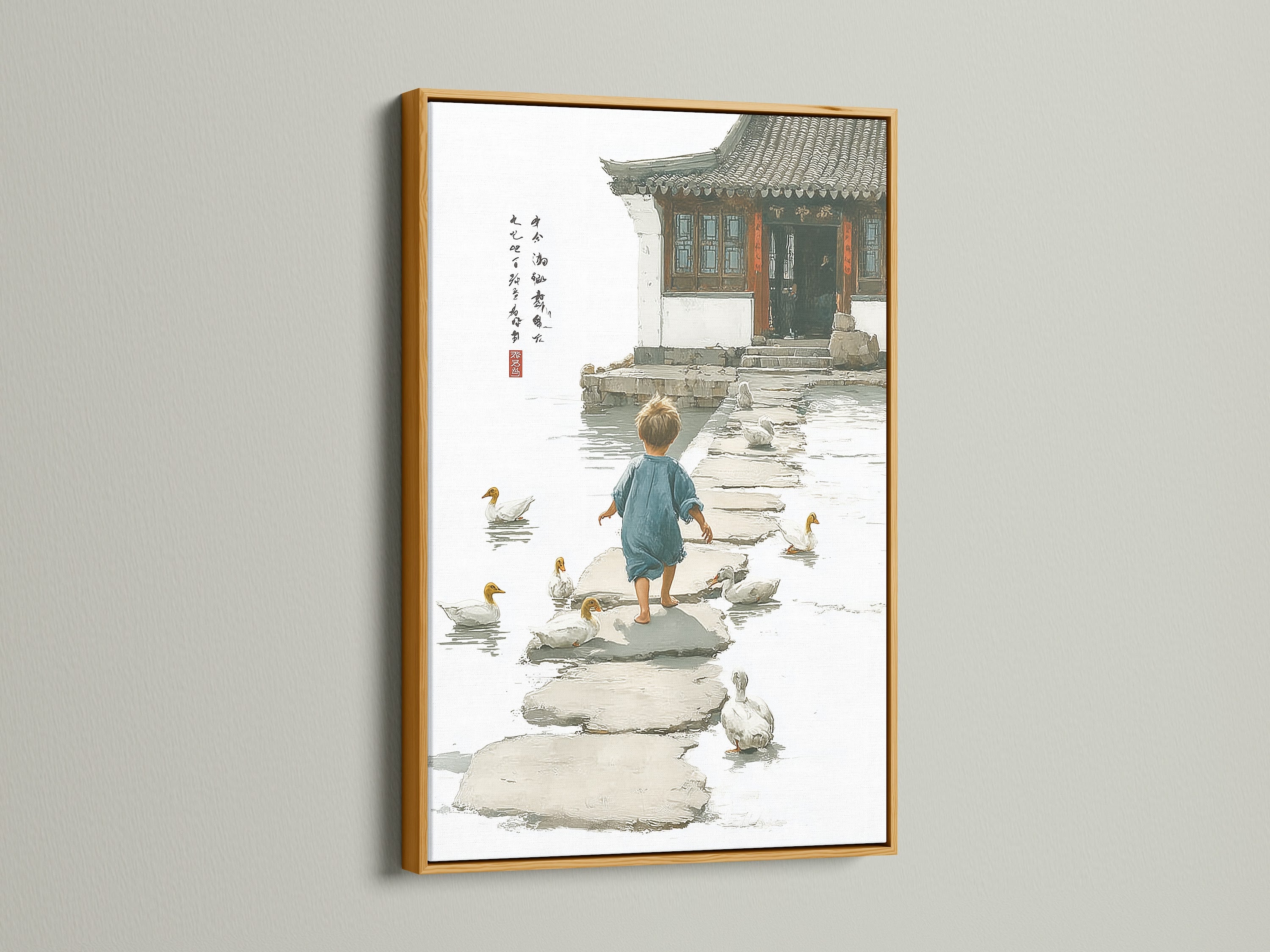 A luxurious gold frame enhances a beautiful artwork. The artwork features a child walking among ducks on stepping stones. The gold frame brings a touch of opulence and glamour. This framed art becomes a focal point in your decor. It adds warmth and richness to your space.