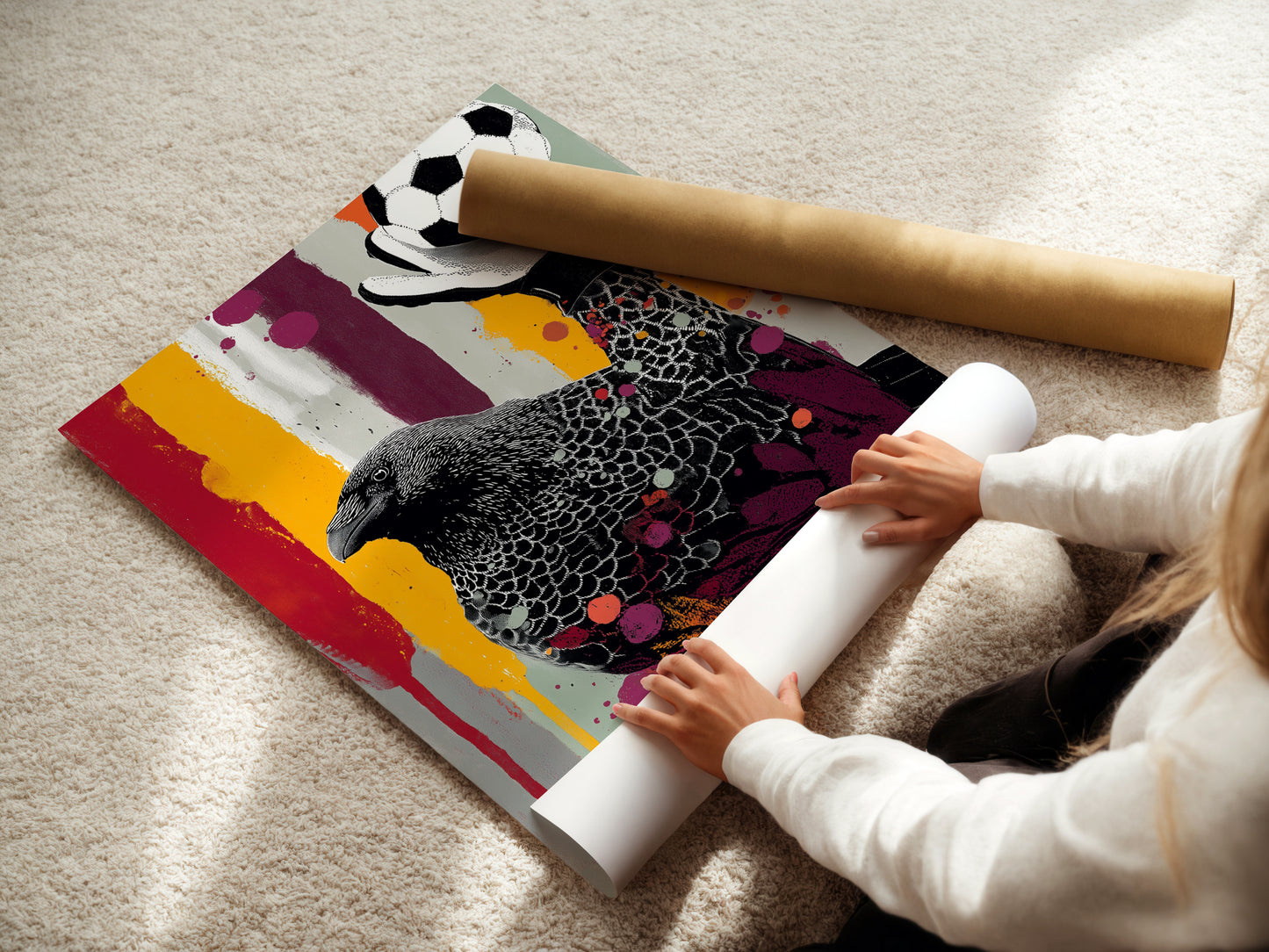 A woman is carefully rolling a fine art poster paper of the Raven Goalkeeper. This allows for safe and easy transport. This sports wall art is great for kids. Get this unique sports-themed decor for your boy's room today.