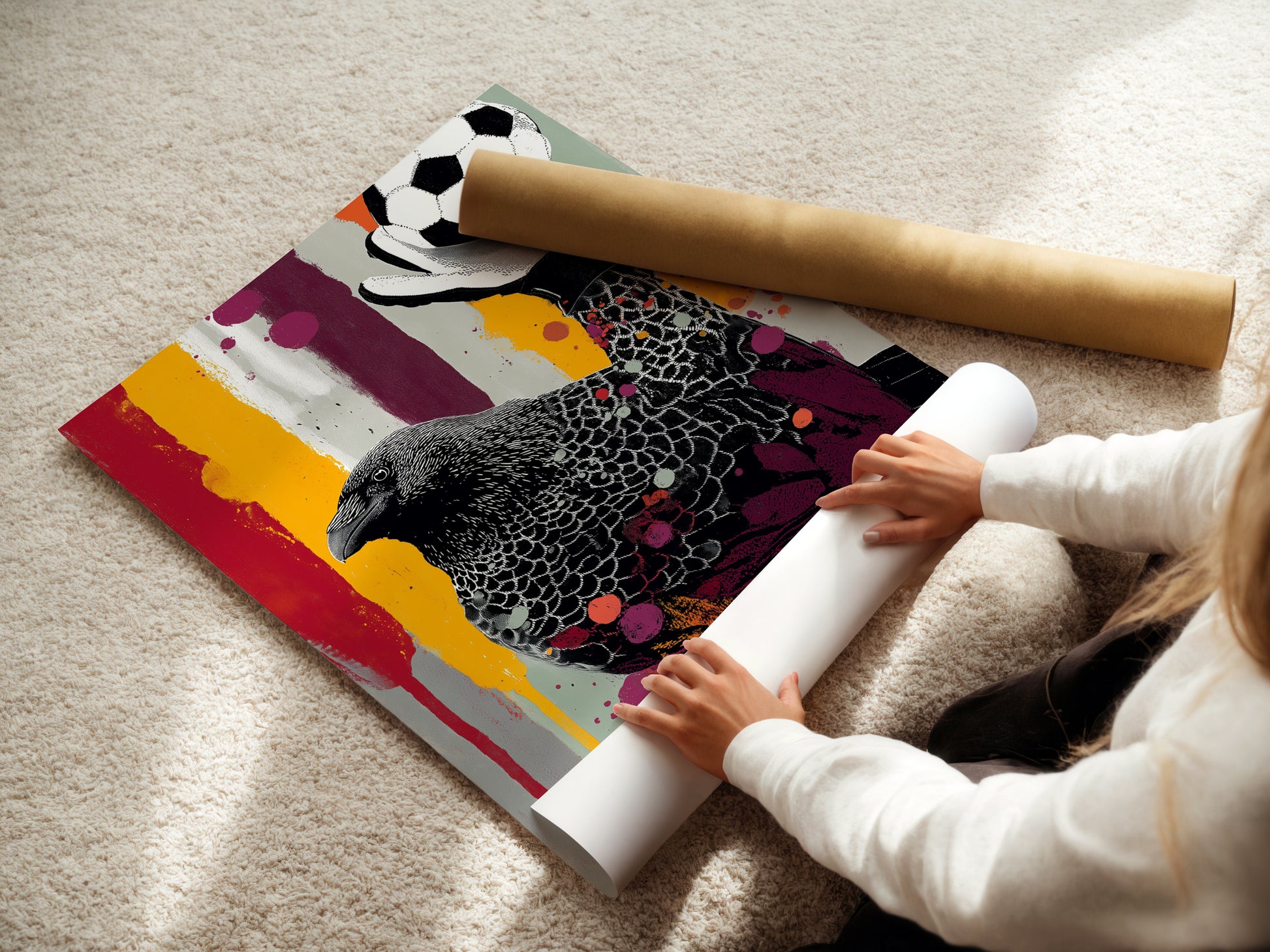 A woman is carefully rolling a fine art poster paper of the Raven Goalkeeper. This allows for safe and easy transport. This sports wall art is great for kids. Get this unique sports-themed decor for your boy's room today.