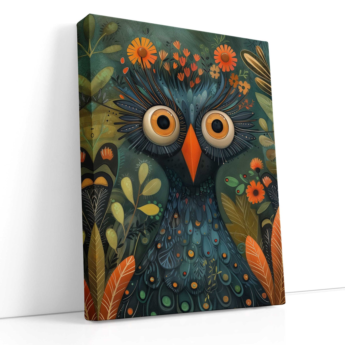 Textured Owl and Flora - Canvas Print