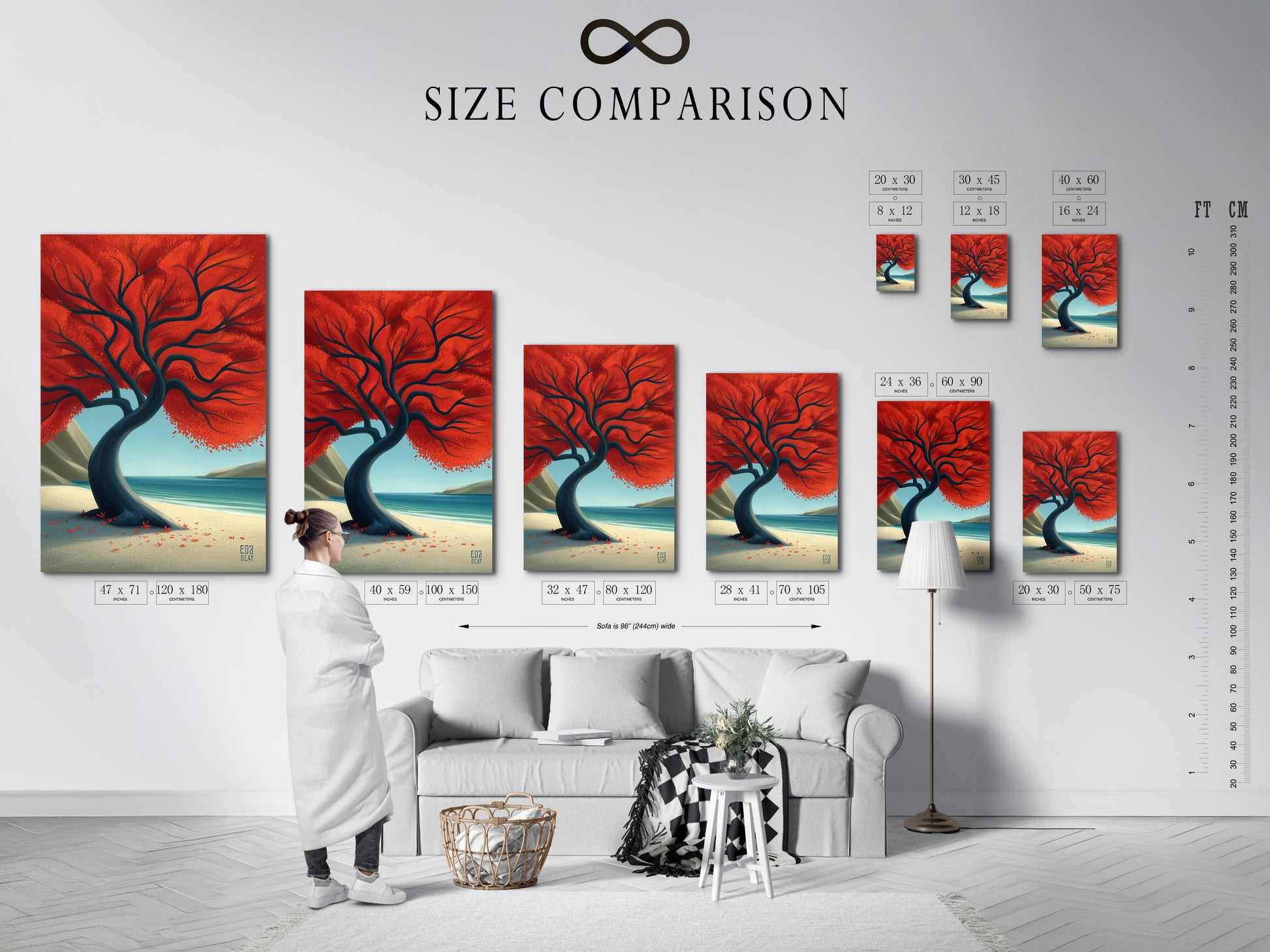 A size comparison chart in an interior setting shows the Red Tree art. See how the artwork looks in different sizes. This helps you choose the perfect size for your space. Find the ideal coastal wall art to fit your needs.