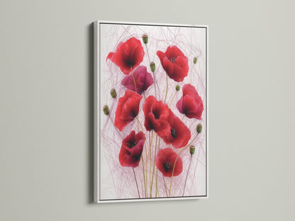 The red flower print is showcased in a crisp white frame. The contrast highlights the vibrant floral artwork. This botanical print brings a modern touch. Ideal flower wall decor for minimalist and modern interiors.